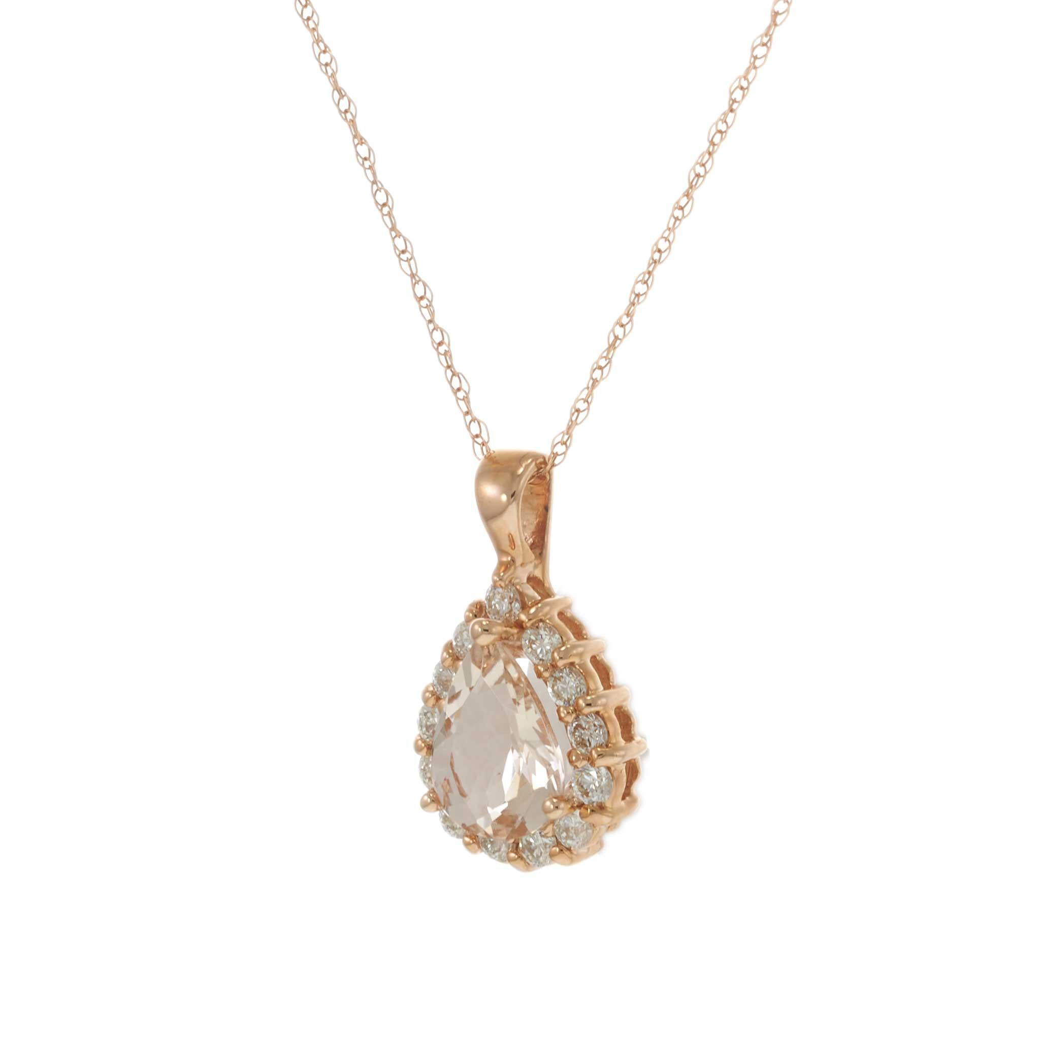 14KT Rose Gold Pear-Shaped Morganite & Diamond Halo Pendant Necklace