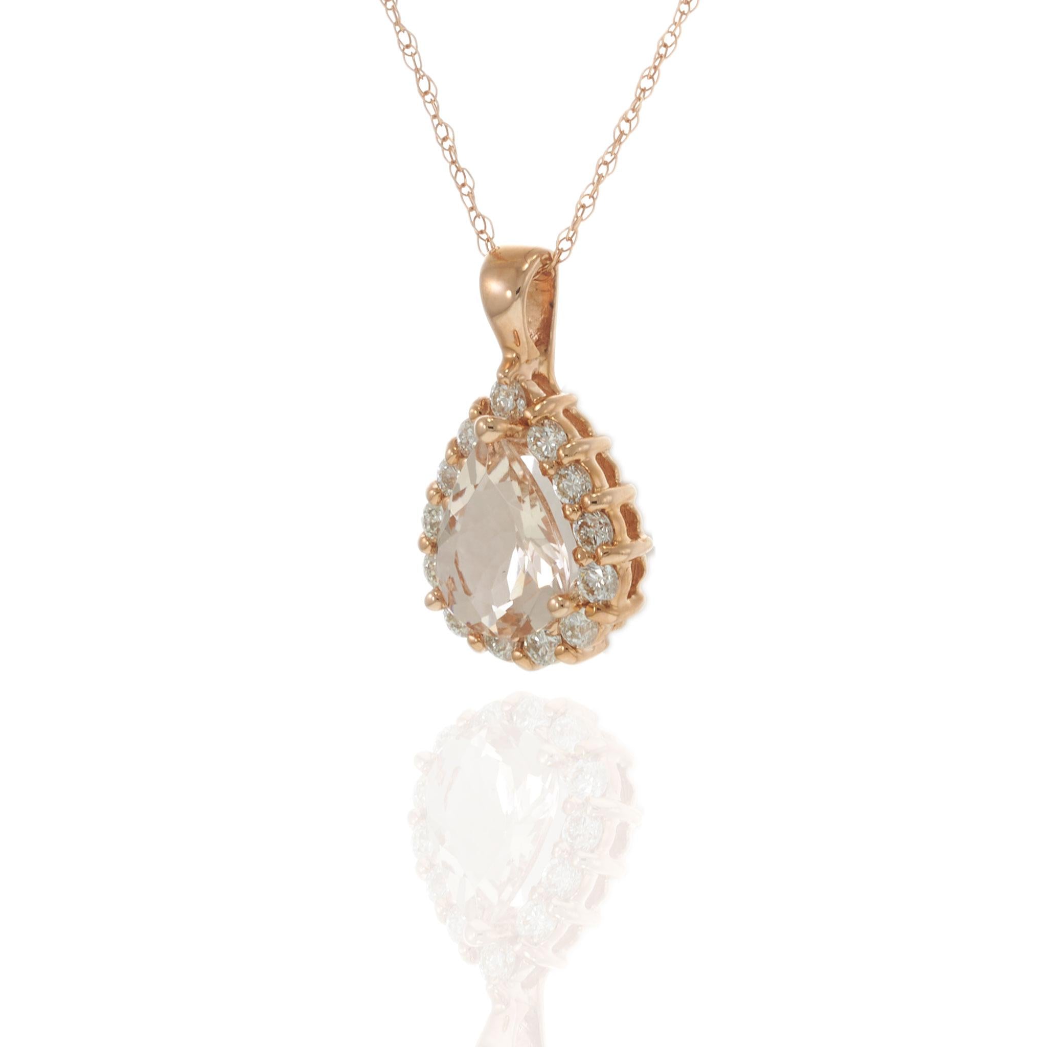 14KT Rose Gold Pear-Shaped Morganite & Diamond Halo Pendant Necklace
