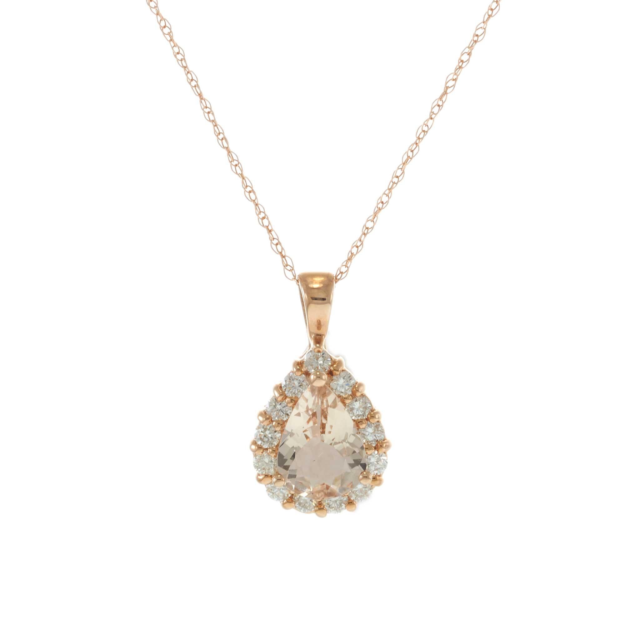 14KT Rose Gold Pear-Shaped Morganite & Diamond Halo Pendant Necklace