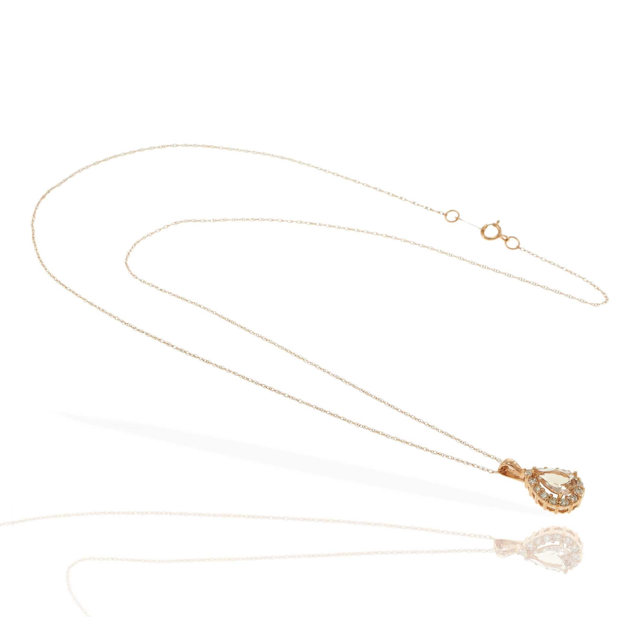 14KT Rose Gold Pear-Shaped Morganite & Diamond Halo Pendant Necklace