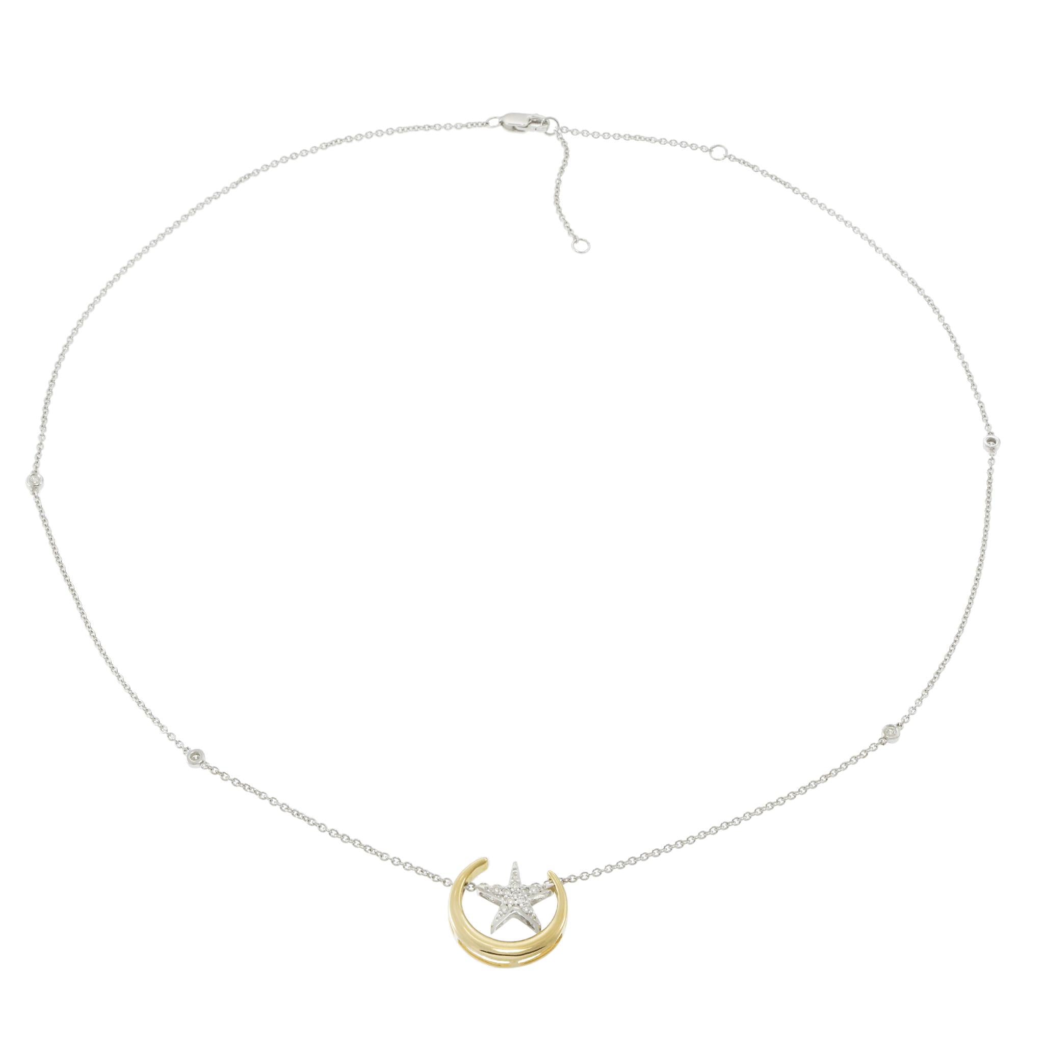 14KT Two-Tone Gold Moon and Star Diamond Pendant Necklace
