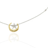 14KT Two-Tone Gold Moon and Star Diamond Pendant Necklace