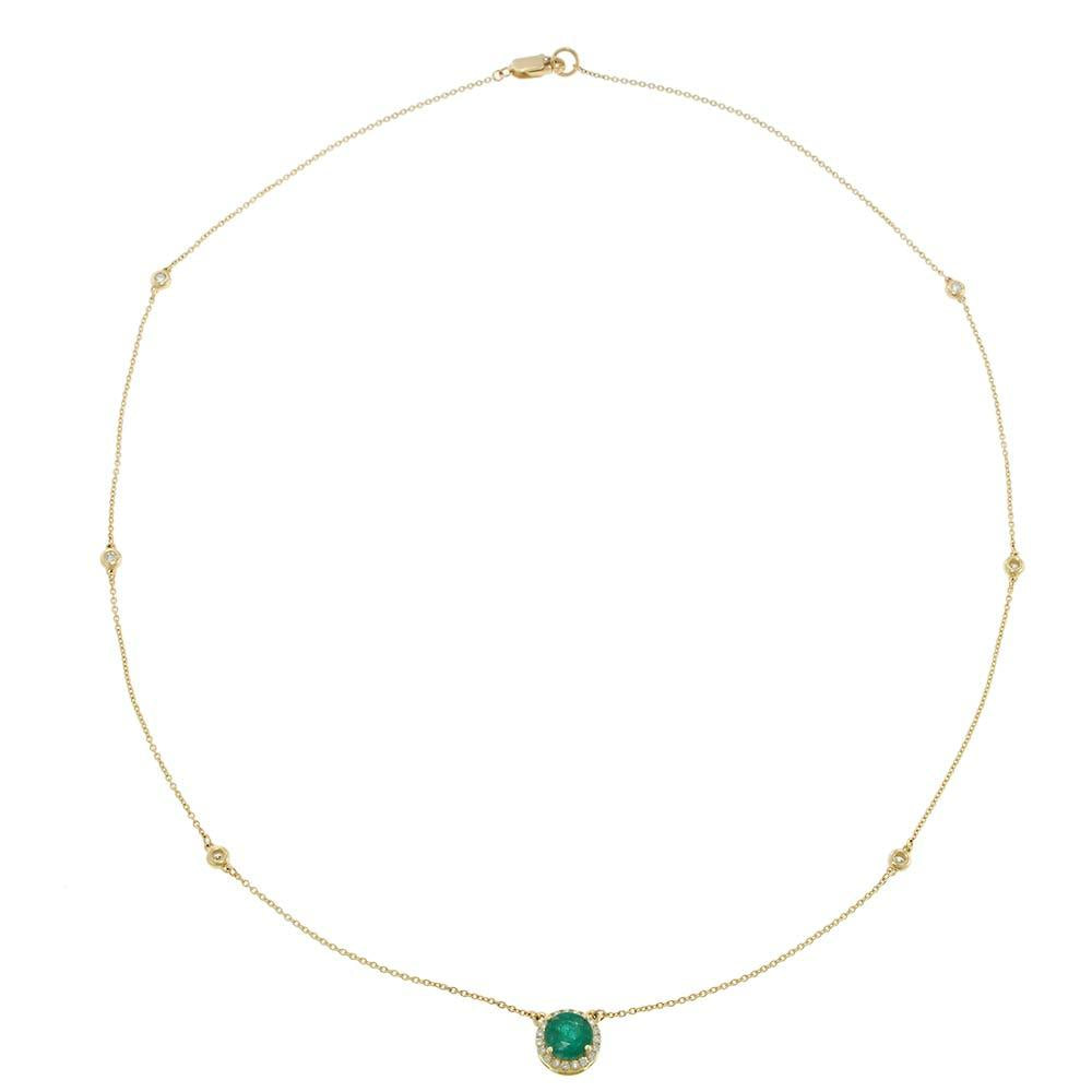 14KT Yellow Gold Bezel Set Diamond Station Necklace with Emerald and Halo