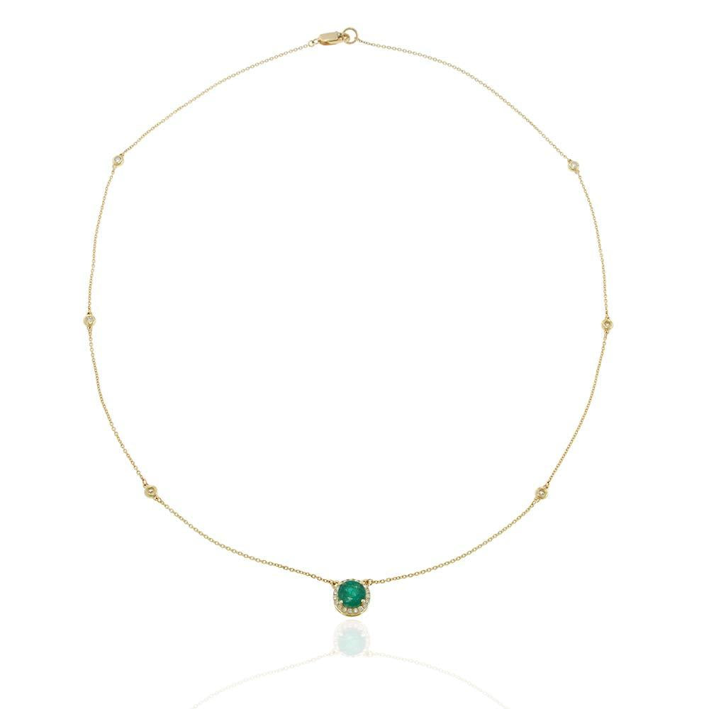 14KT Yellow Gold Bezel Set Diamond Station Necklace with Emerald and Halo