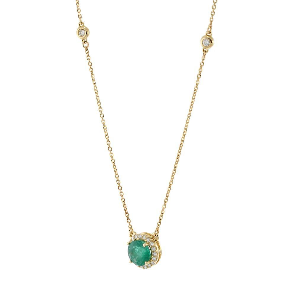 14KT Yellow Gold Bezel Set Diamond Station Necklace with Emerald and Halo