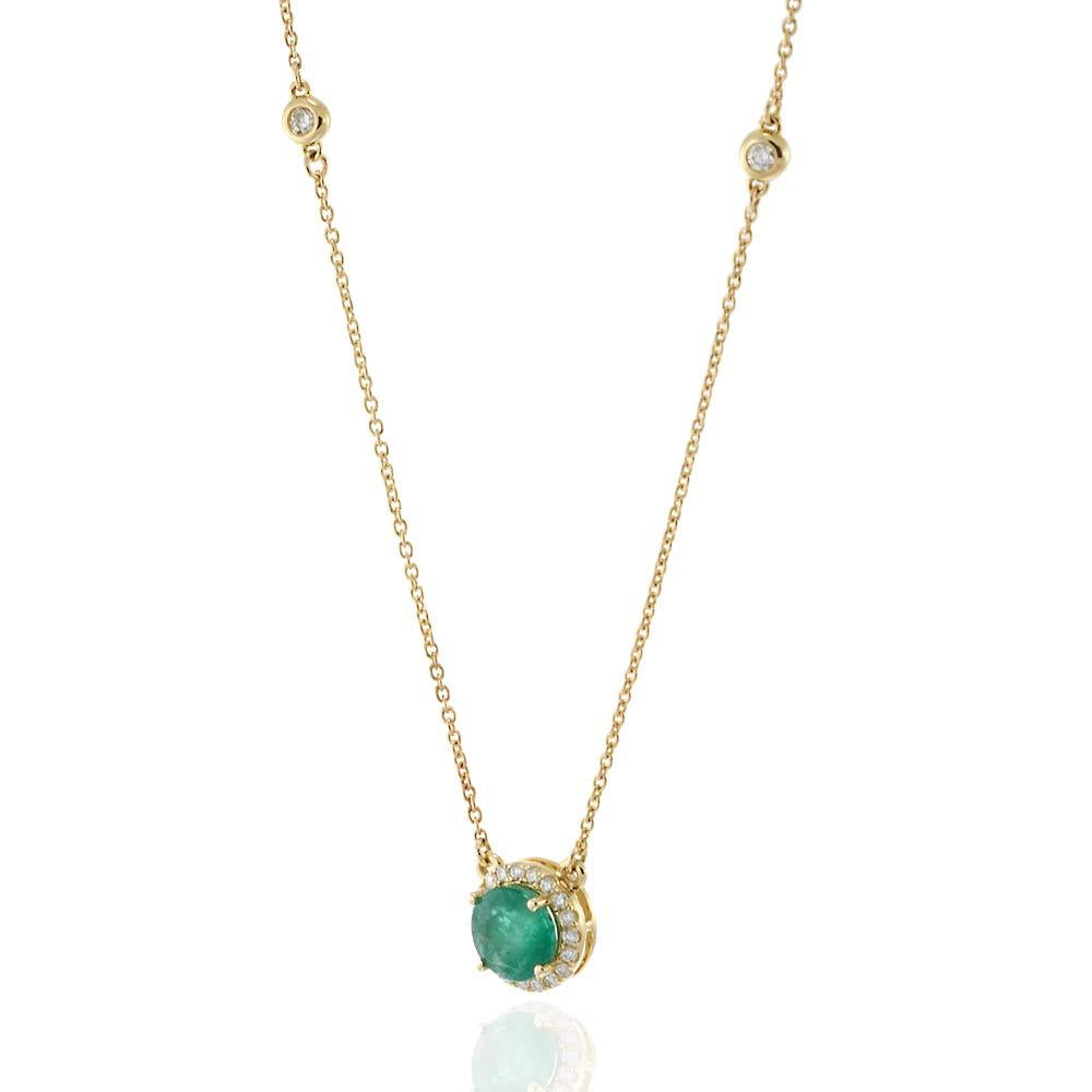14KT Yellow Gold Bezel Set Diamond Station Necklace with Emerald and Halo