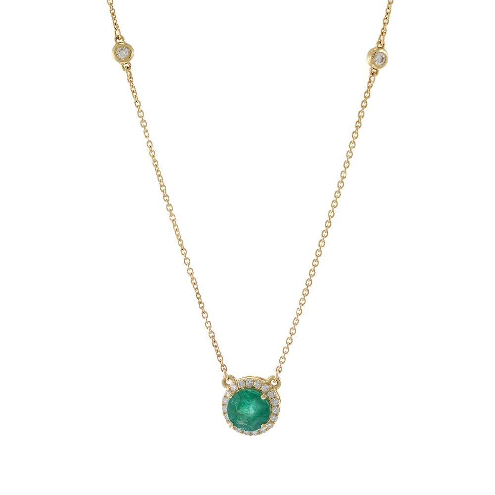 14KT Yellow Gold Bezel Set Diamond Station Necklace with Emerald and Halo