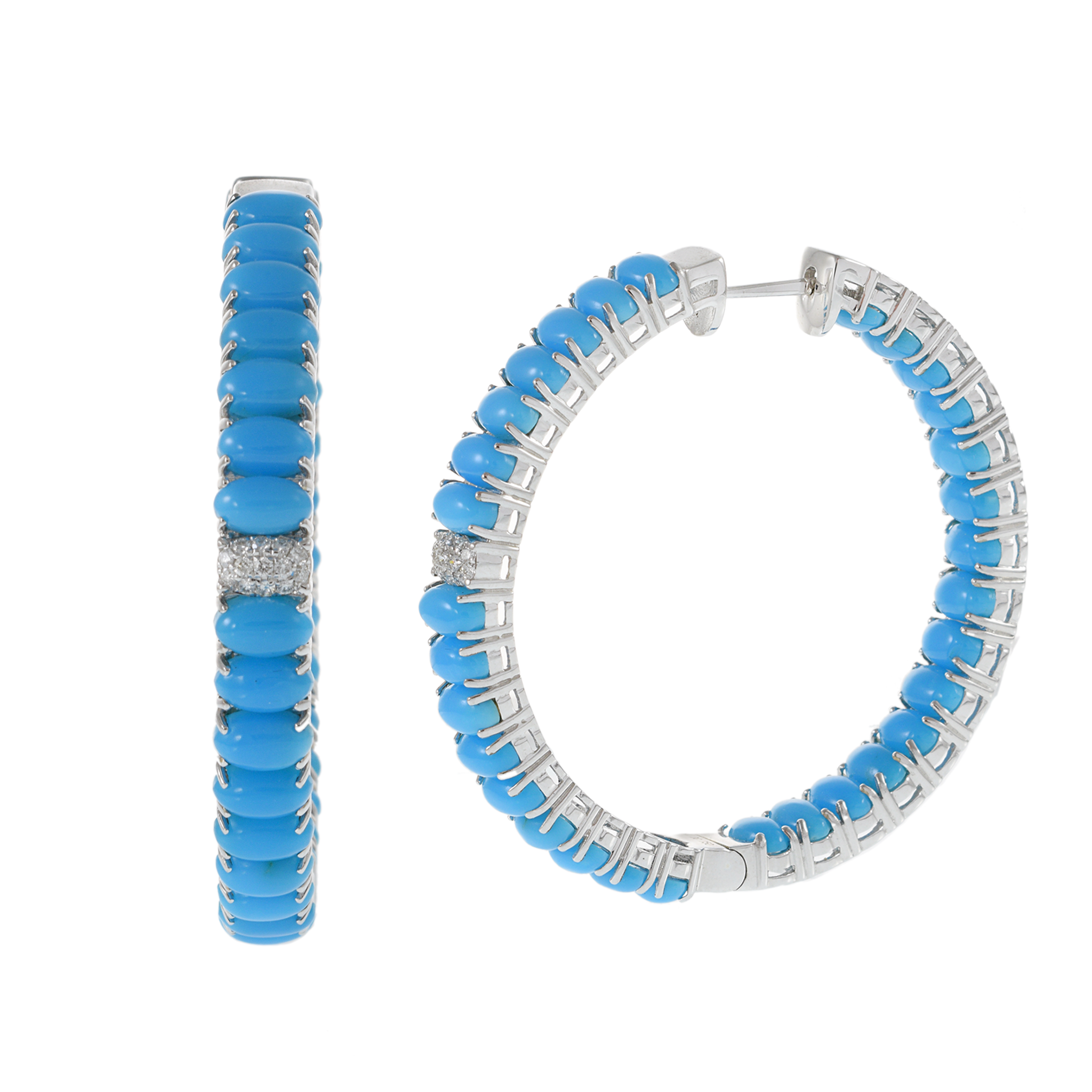 18KT White Gold Turquoise and Diamond Hoop Earrings