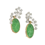 Estate 14KT & Platinum Natural Jade Carving and Diamond Earrings