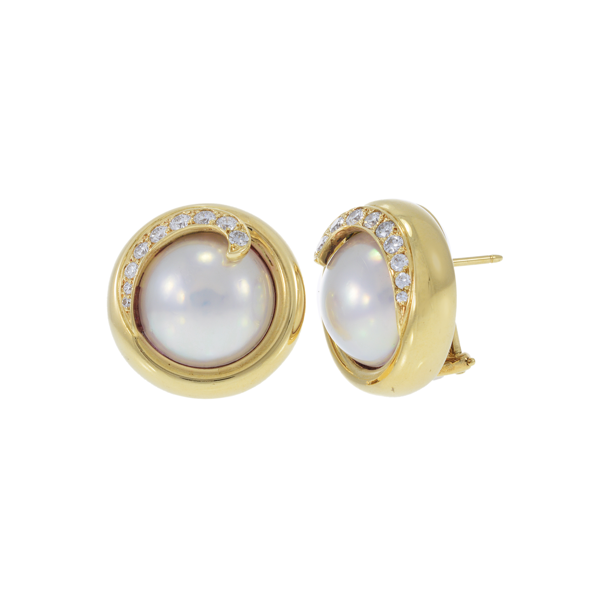 Vintage 18KT Yellow Gold Tiffany & Co. Pearl and Diamond Swirl Earrings