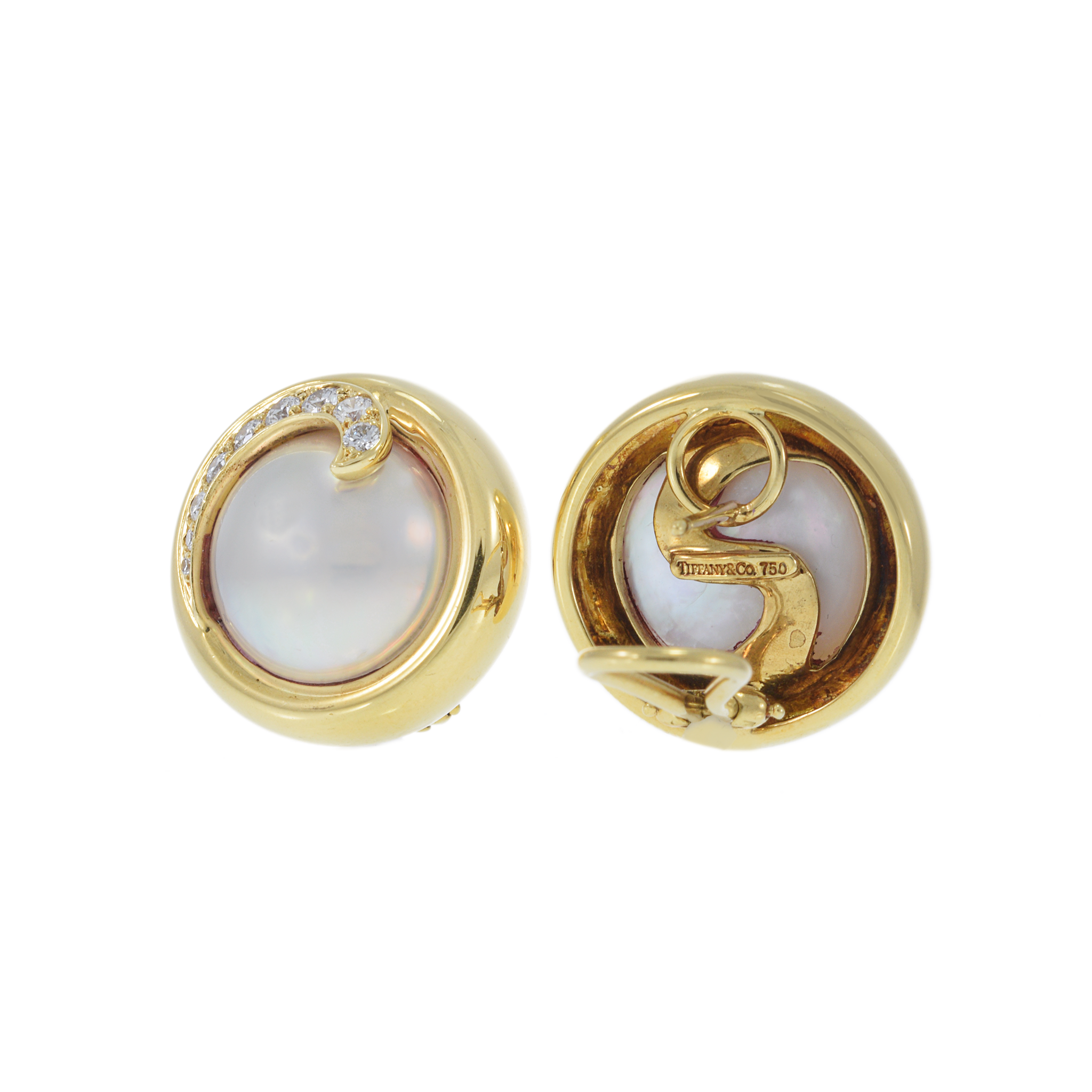 Vintage 18KT Yellow Gold Tiffany & Co. Pearl and Diamond Swirl Earrings