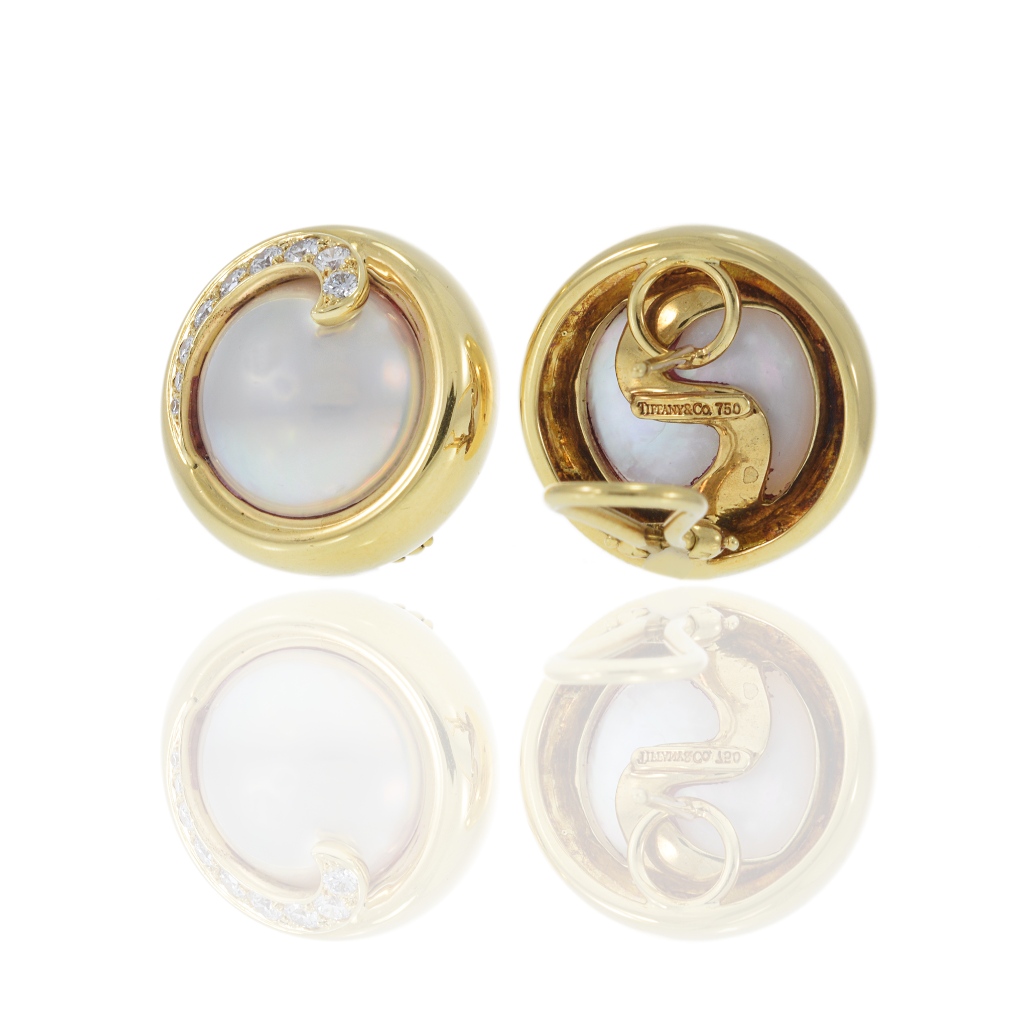 Vintage 18KT Yellow Gold Tiffany & Co. Pearl and Diamond Swirl Earrings