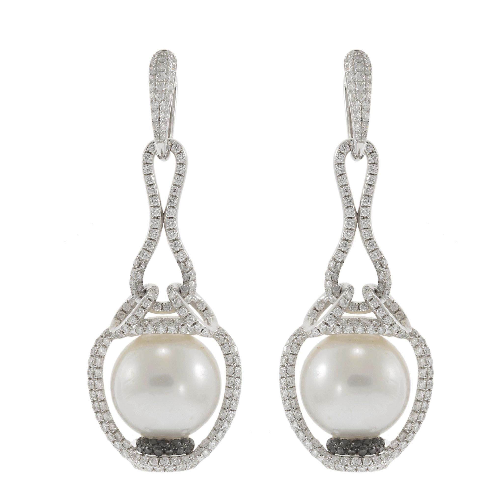 18KT White Gold Black & White Diamond South Sea Pearl Drop Earrings