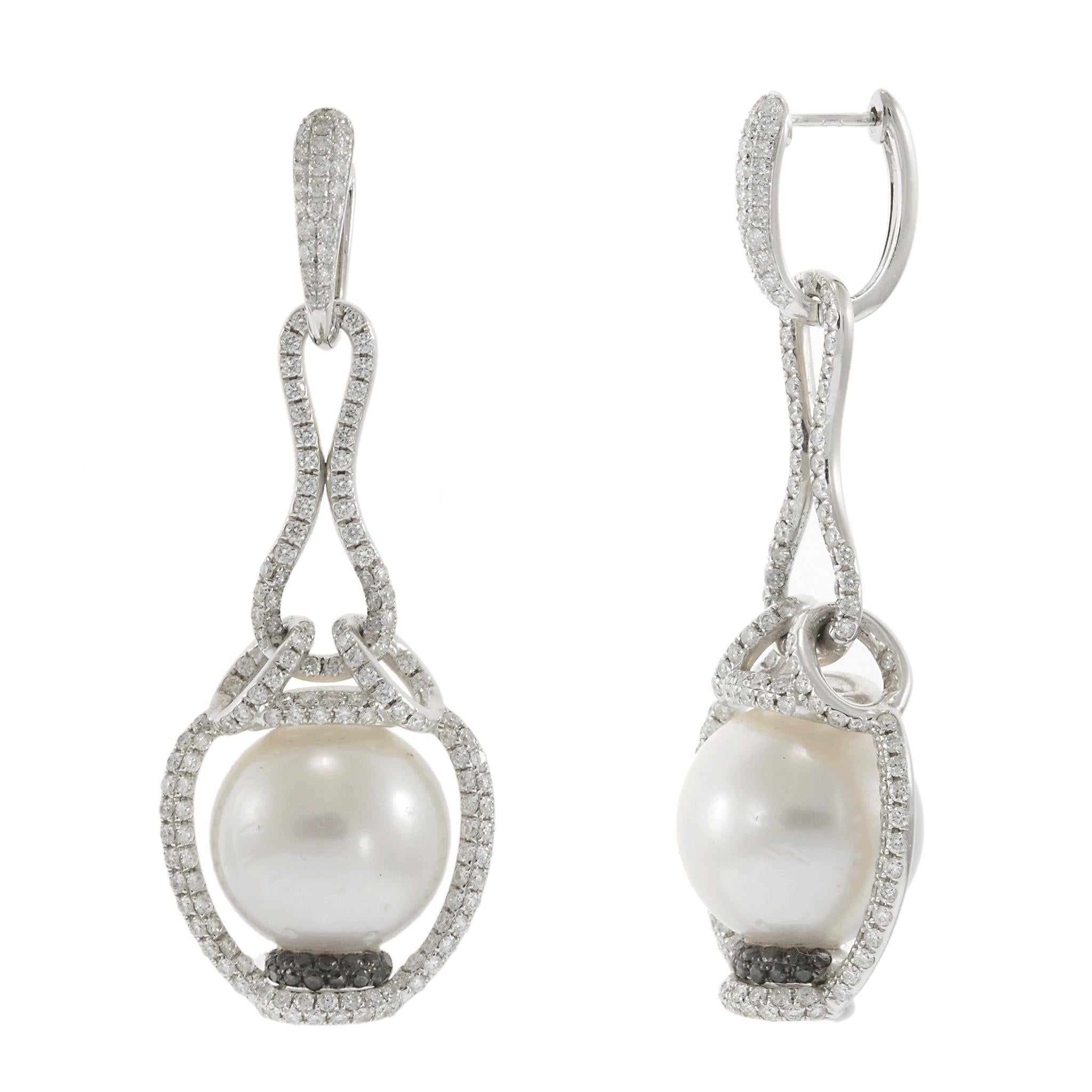 18KT White Gold Black & White Diamond South Sea Pearl Drop Earrings