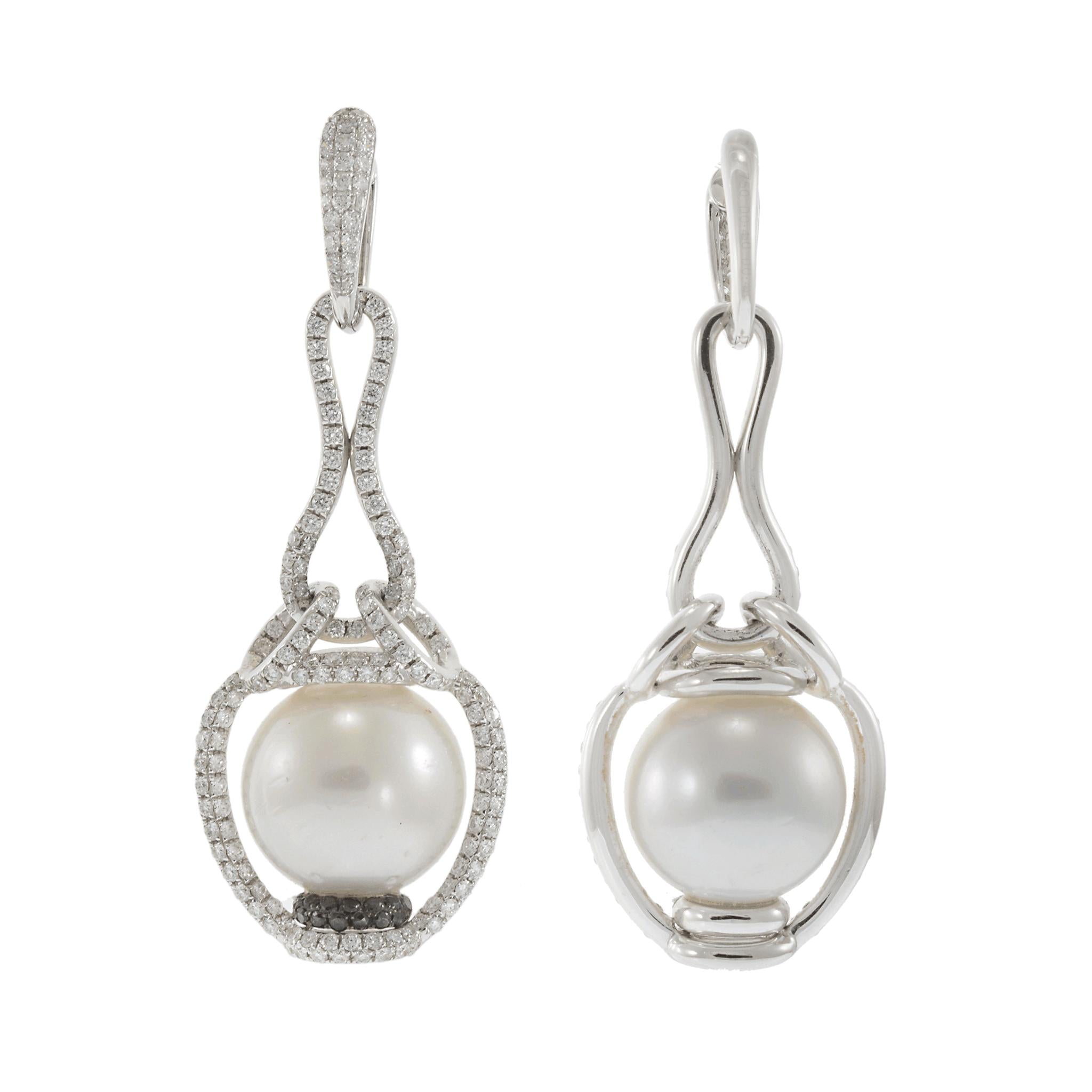 18KT White Gold Black & White Diamond South Sea Pearl Drop Earrings