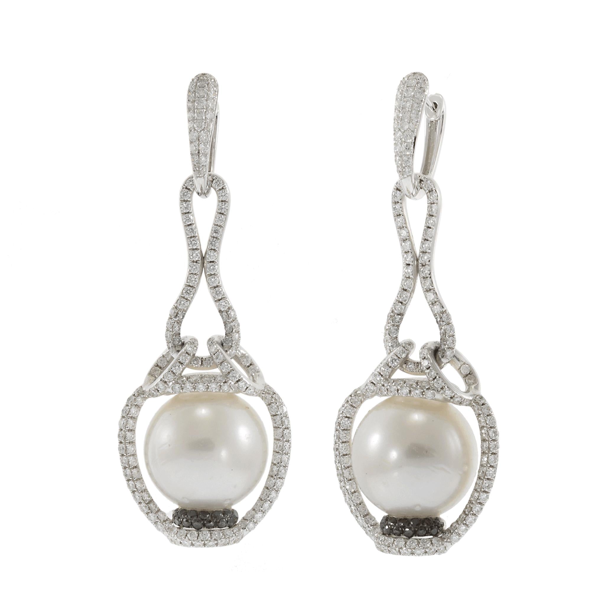 18KT White Gold Black & White Diamond South Sea Pearl Drop Earrings