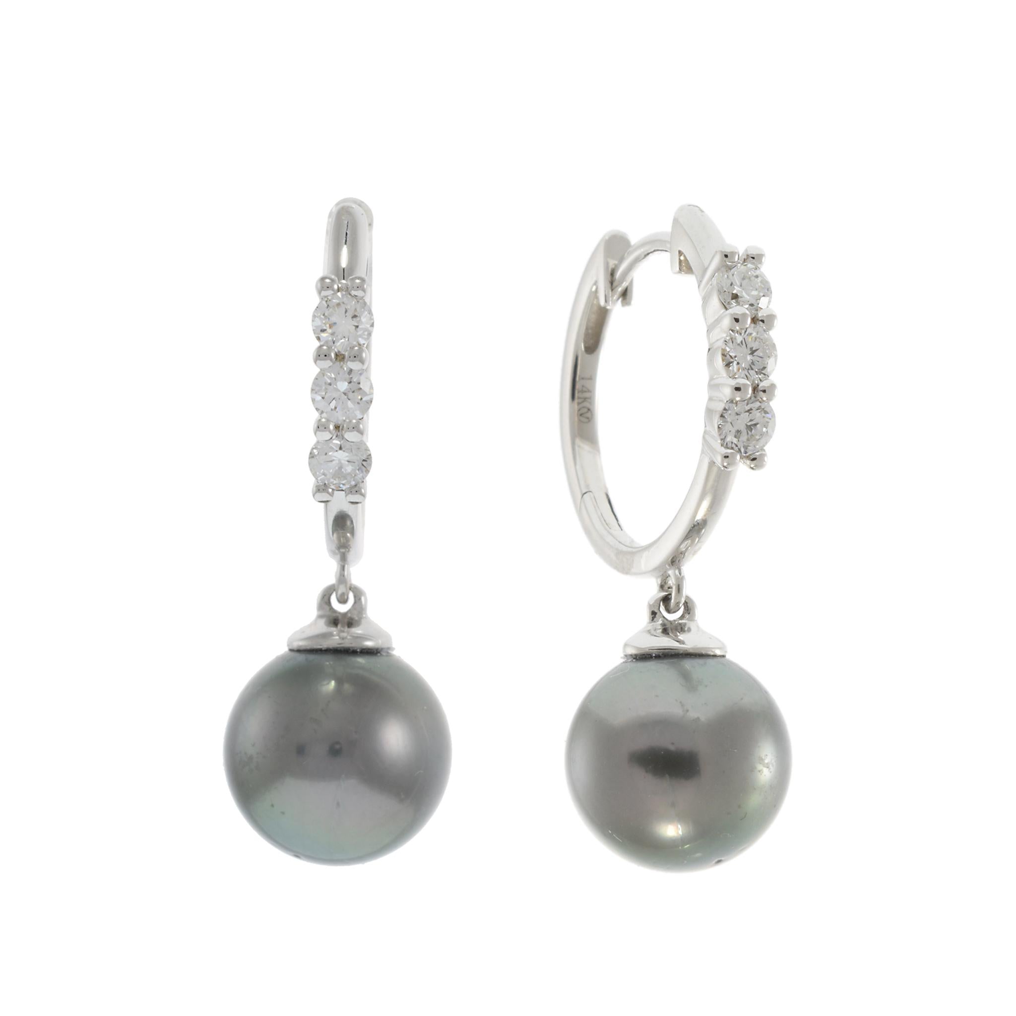 14KT White Gold Diamond and Tahitian Pearl Huggie Earrings