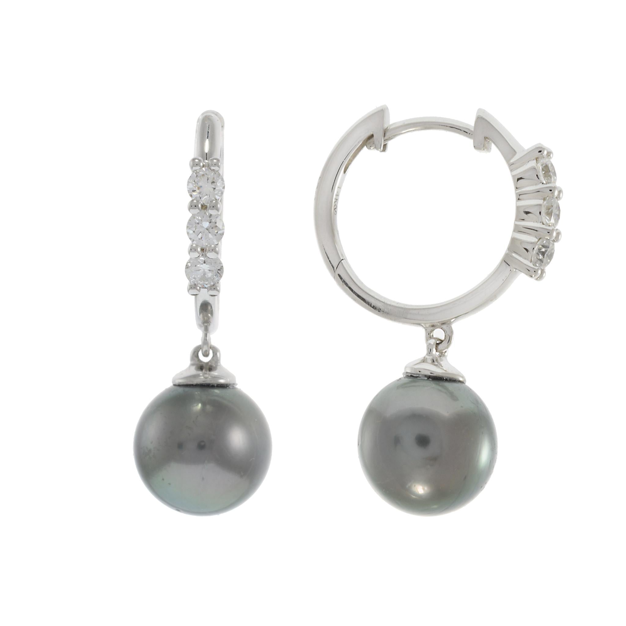 14KT White Gold Diamond and Tahitian Pearl Huggie Earrings