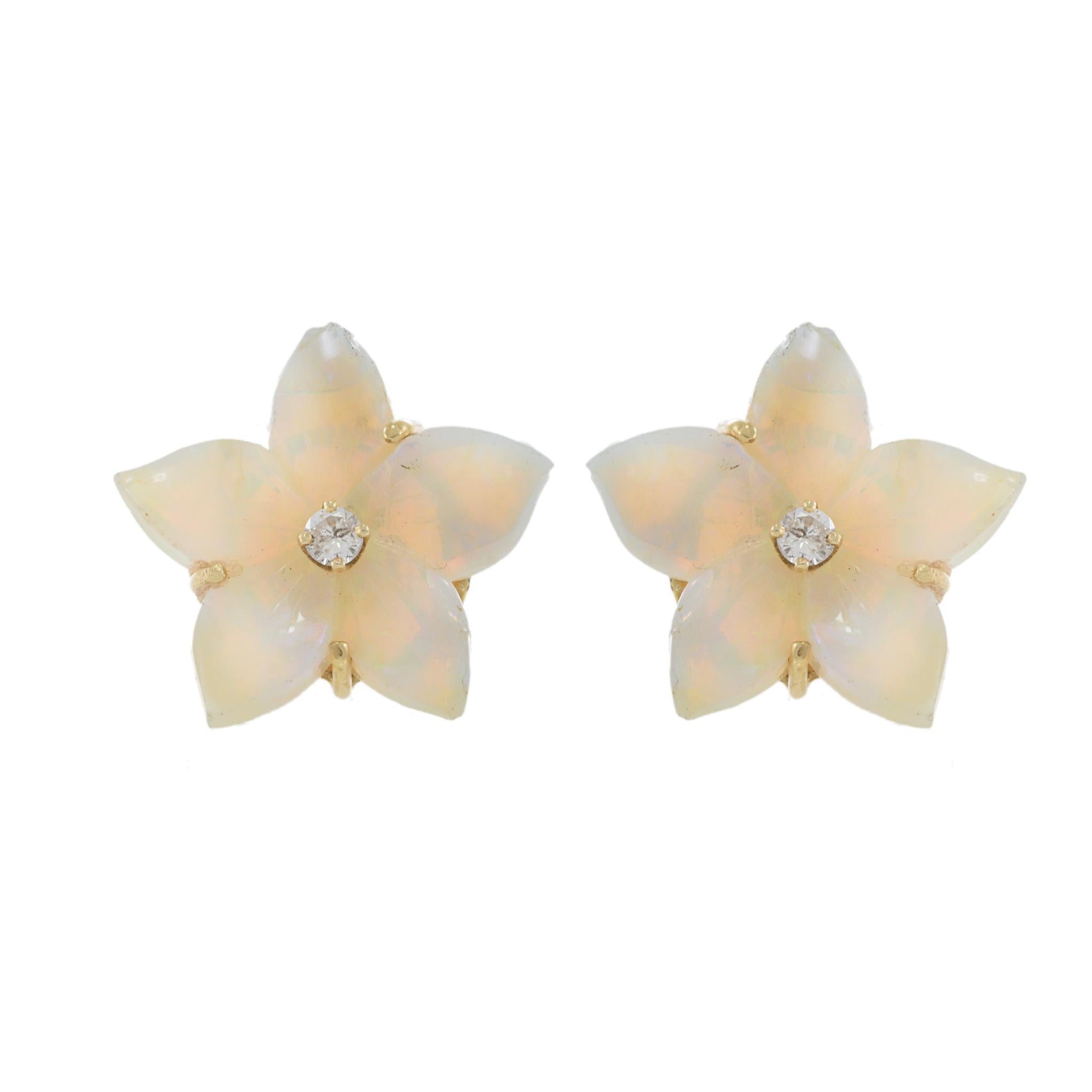 Vintage 14KT Yellow Gold Opal and Diamond Floral Earrings