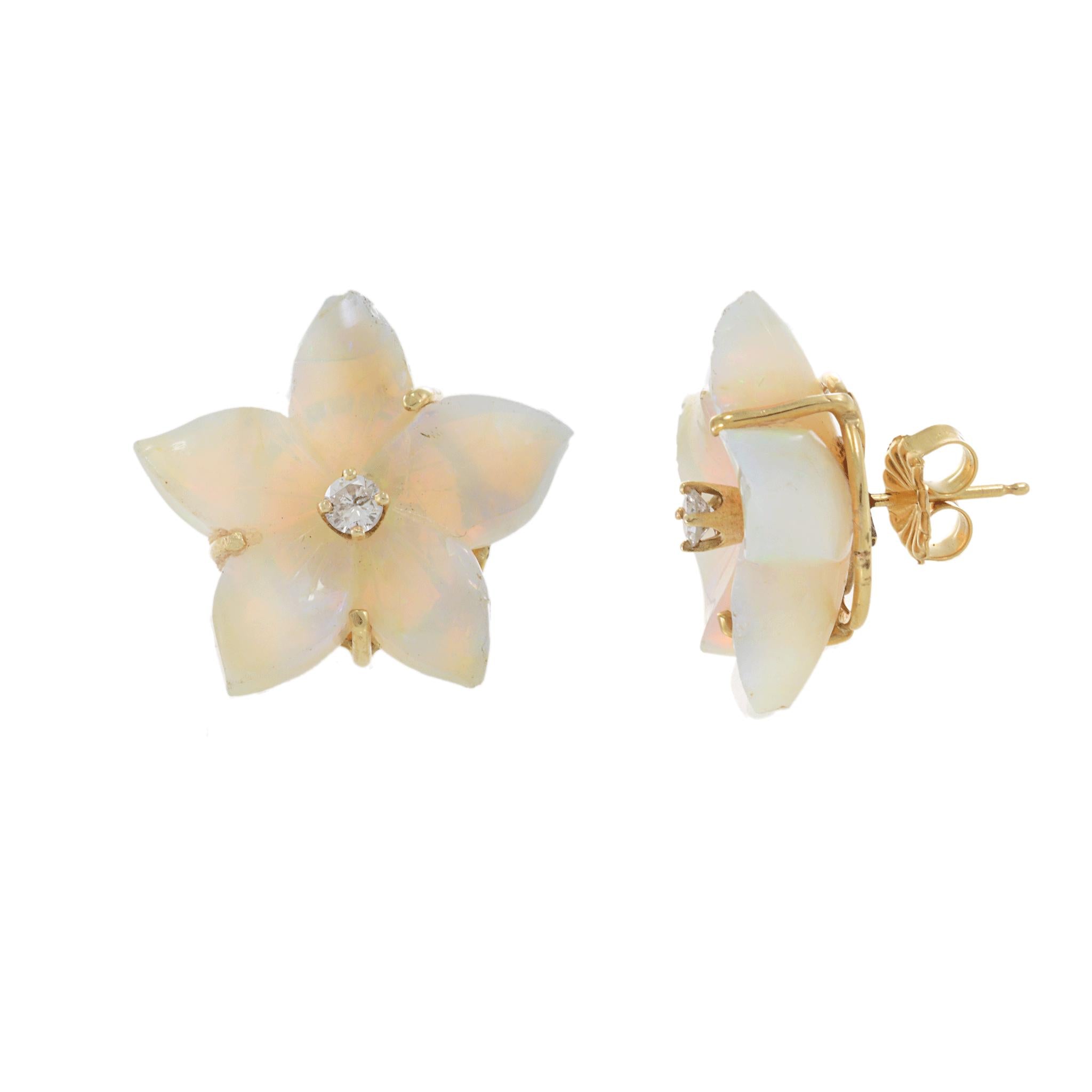 Vintage 14KT Yellow Gold Opal and Diamond Floral Earrings