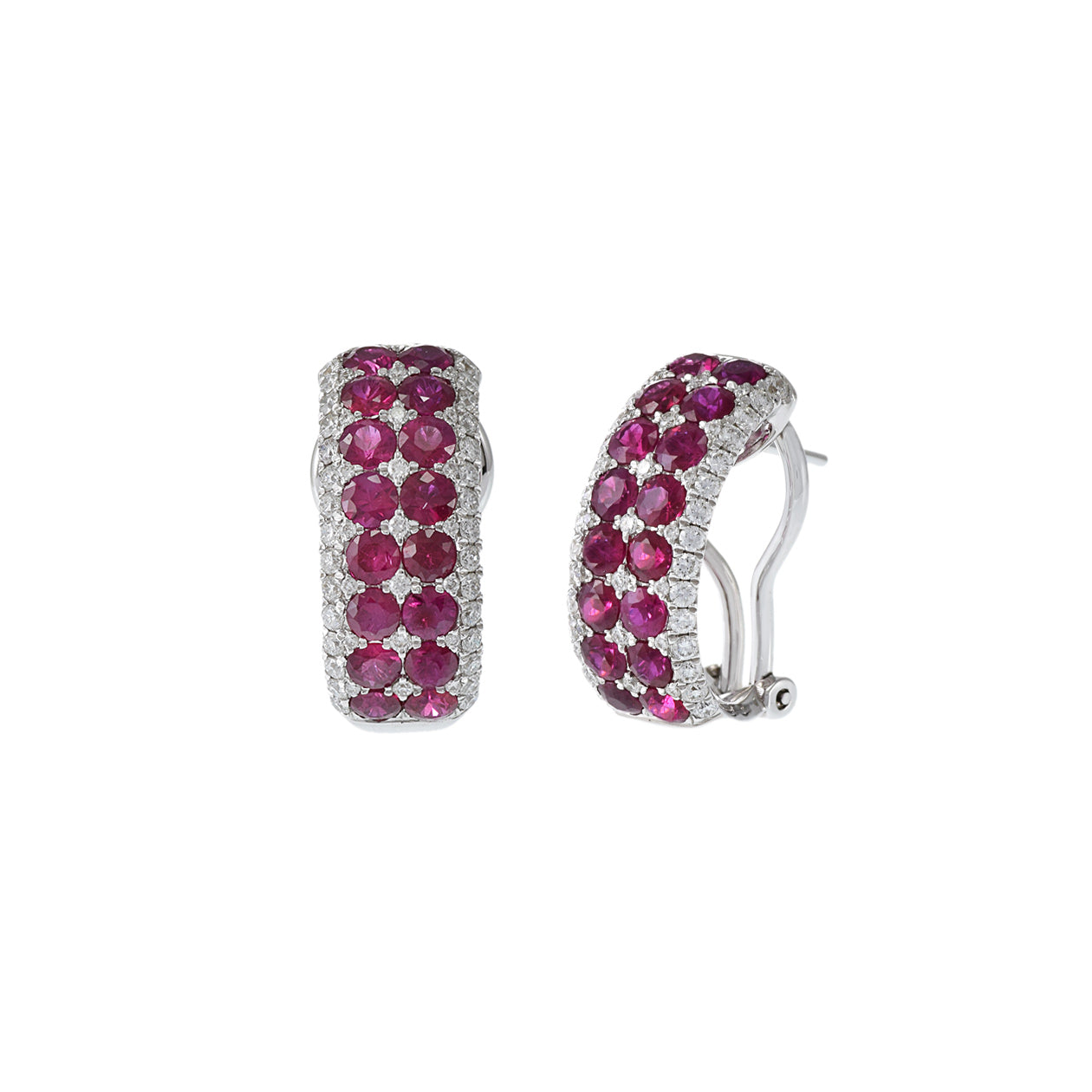 18KT White Gold Ruby And Diamond Huggie Earrings