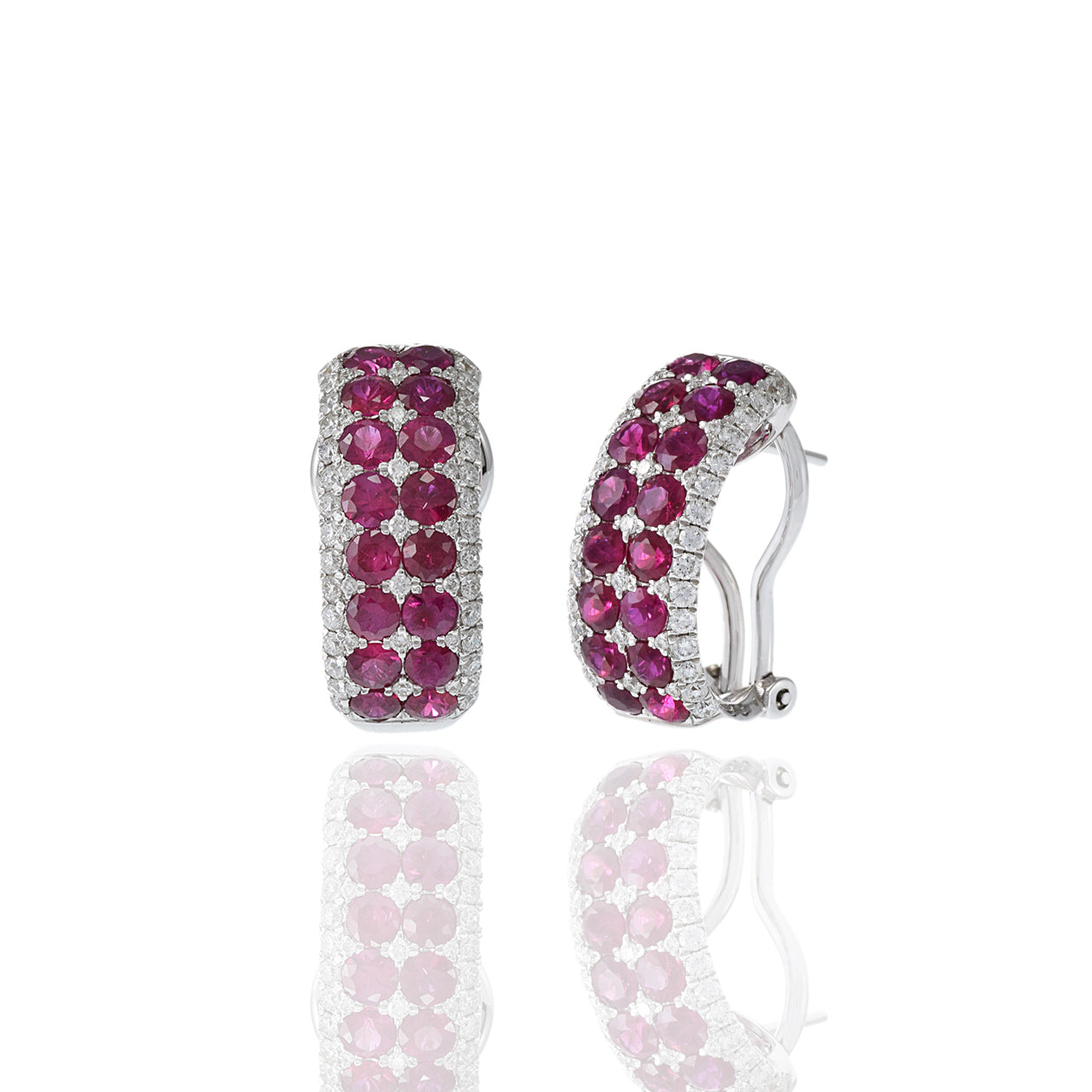 18KT White Gold Ruby And Diamond Huggie Earrings