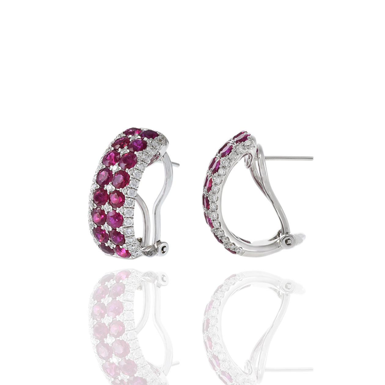 18KT White Gold Ruby And Diamond Huggie Earrings