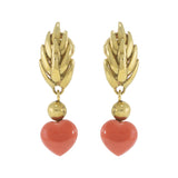 Vintage Retro Era  18KT Yellow Gold Coral Heart Drop Earrings