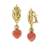 Vintage Retro Era  18KT Yellow Gold Coral Heart Drop Earrings