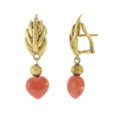 Vintage Retro Era  18KT Yellow Gold Coral Heart Drop Earrings