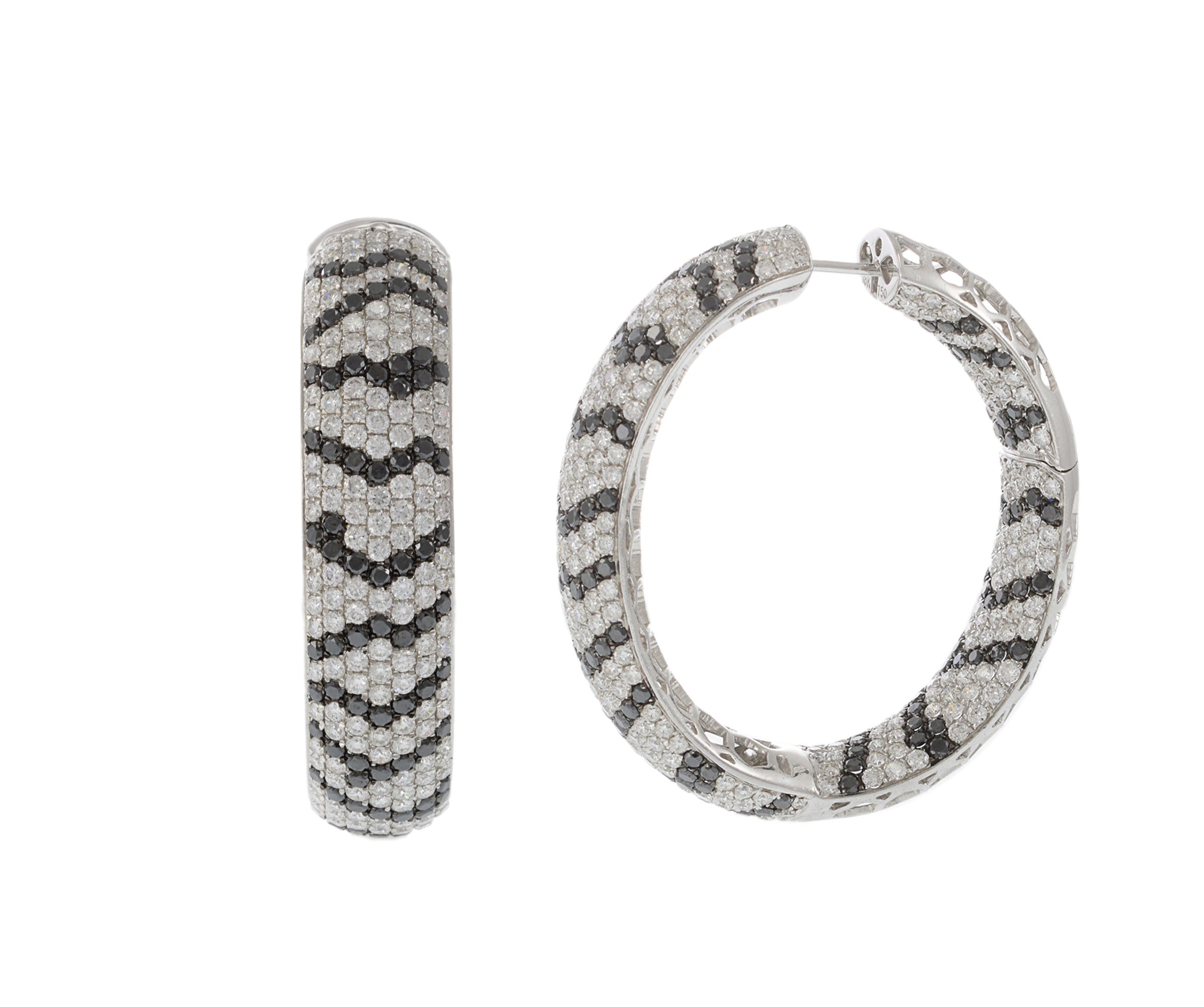 18KT White Gold and Diamond Zebra Pattern Wide Hoop Earrings