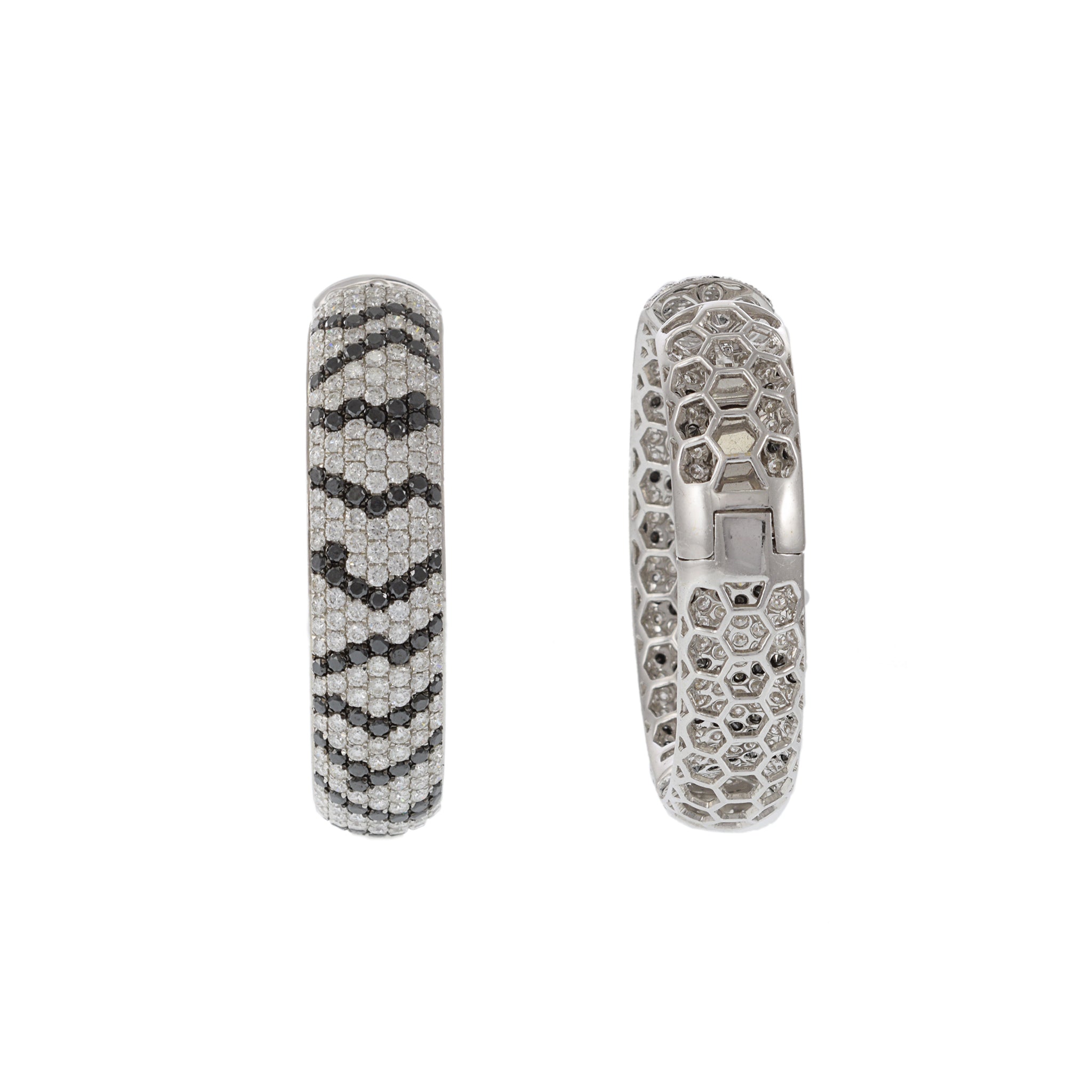 18KT White Gold and Diamond Zebra Pattern Wide Hoop Earrings