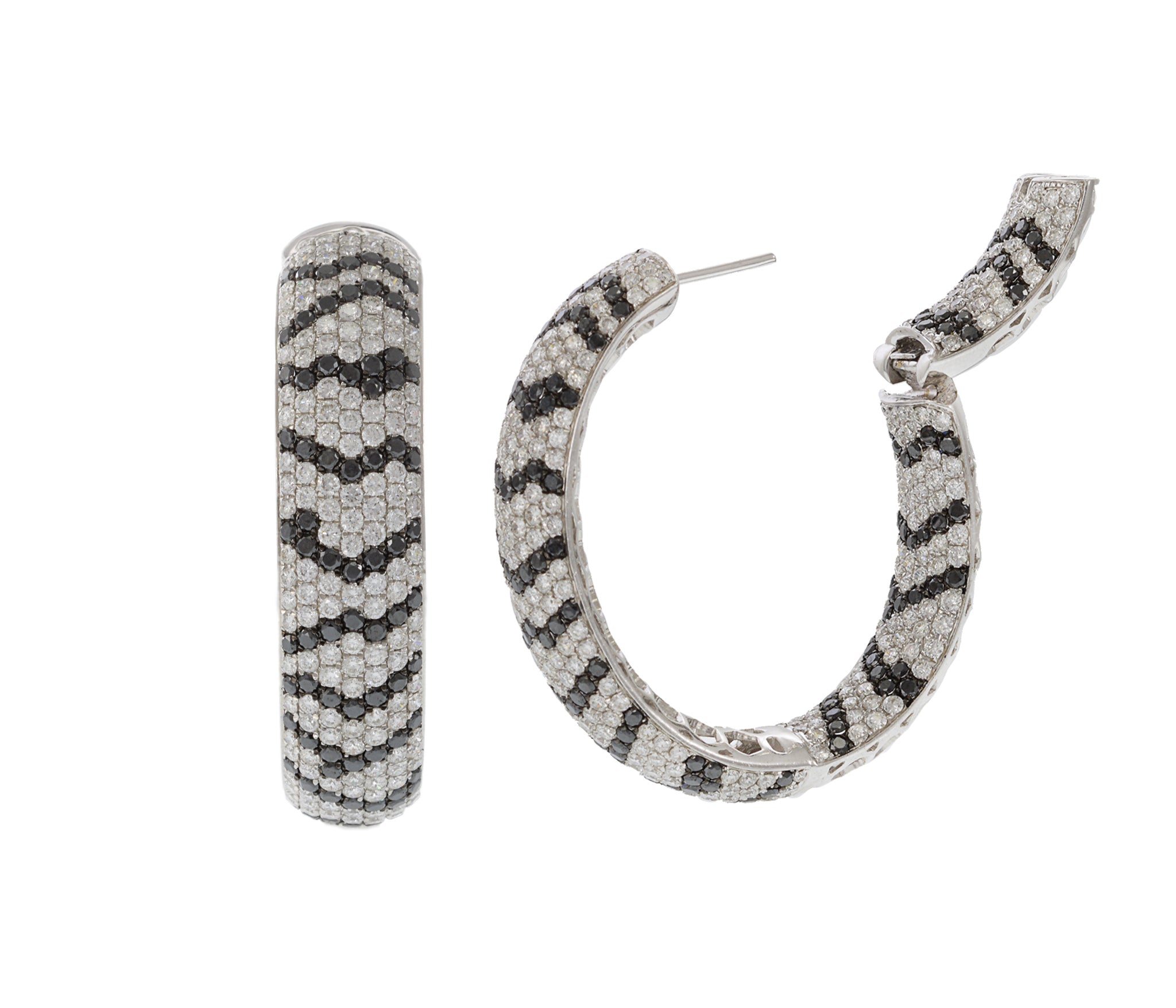 18KT White Gold and Diamond Zebra Pattern Wide Hoop Earrings