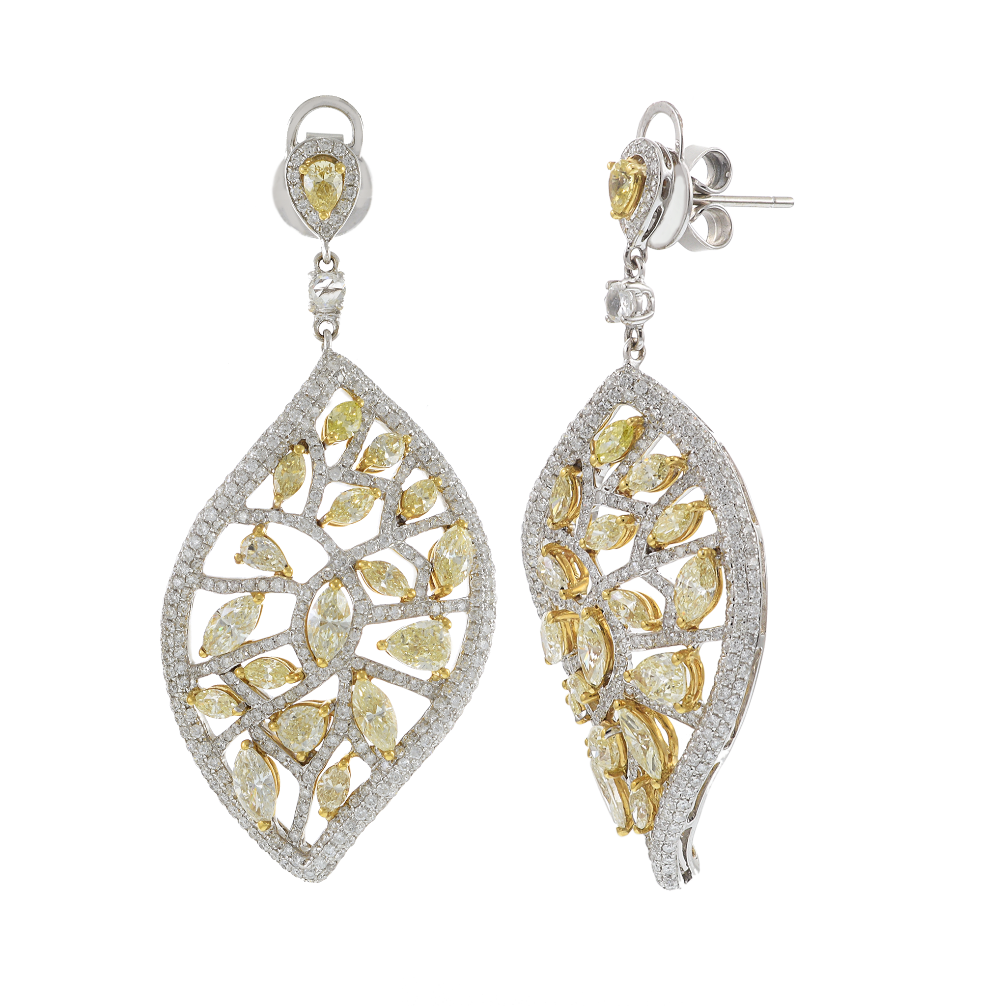 Diamond Leaf Earrings With Fancy Yellow Diamonds