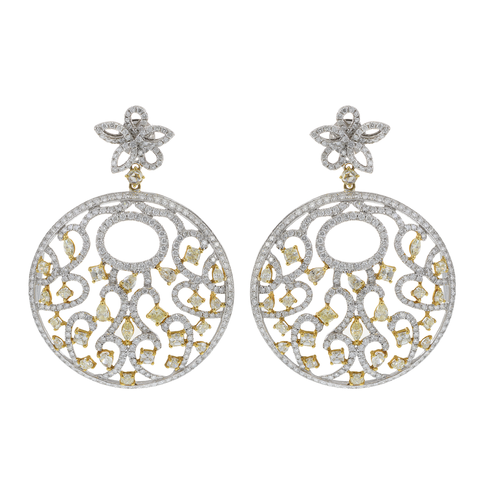 18KT White Gold Large Circle Hanging Earrings with White and Fancy Yellow Diamonds