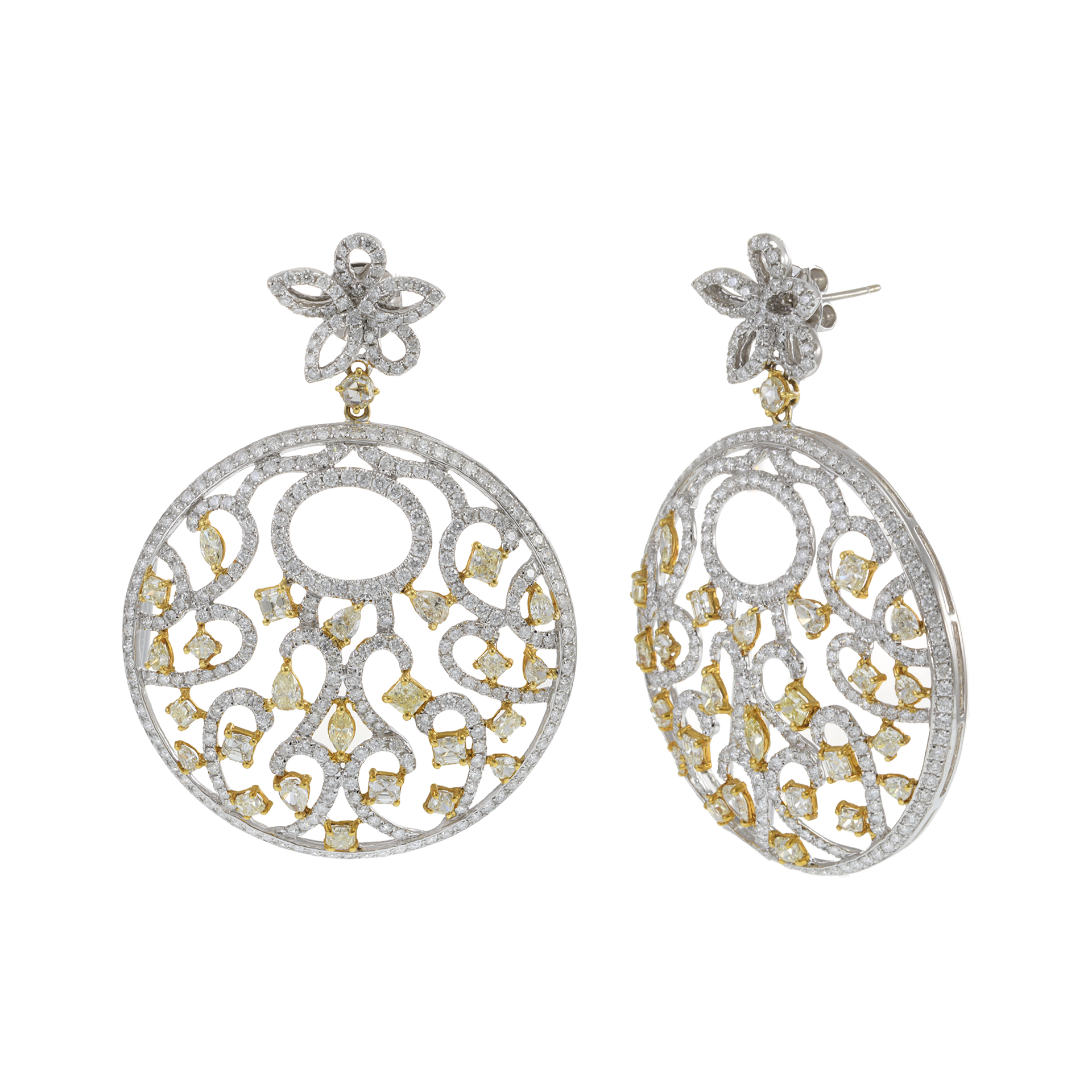 18KT White Gold Large Circle Hanging Earrings with White and Fancy Yellow Diamonds