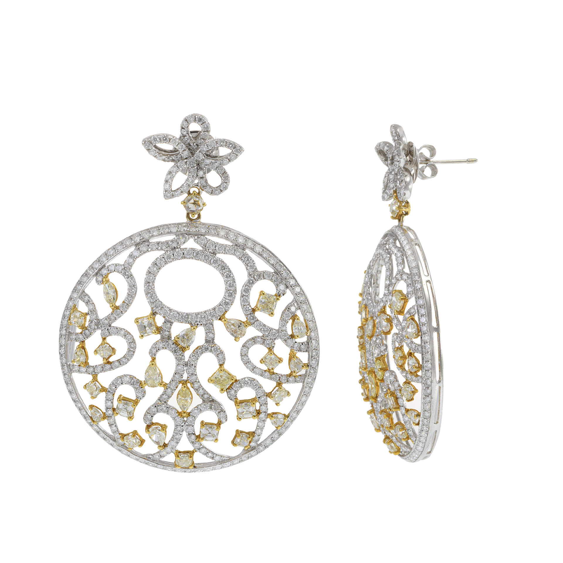 18KT White Gold Large Circle Hanging Earrings with White and Fancy Yellow Diamonds