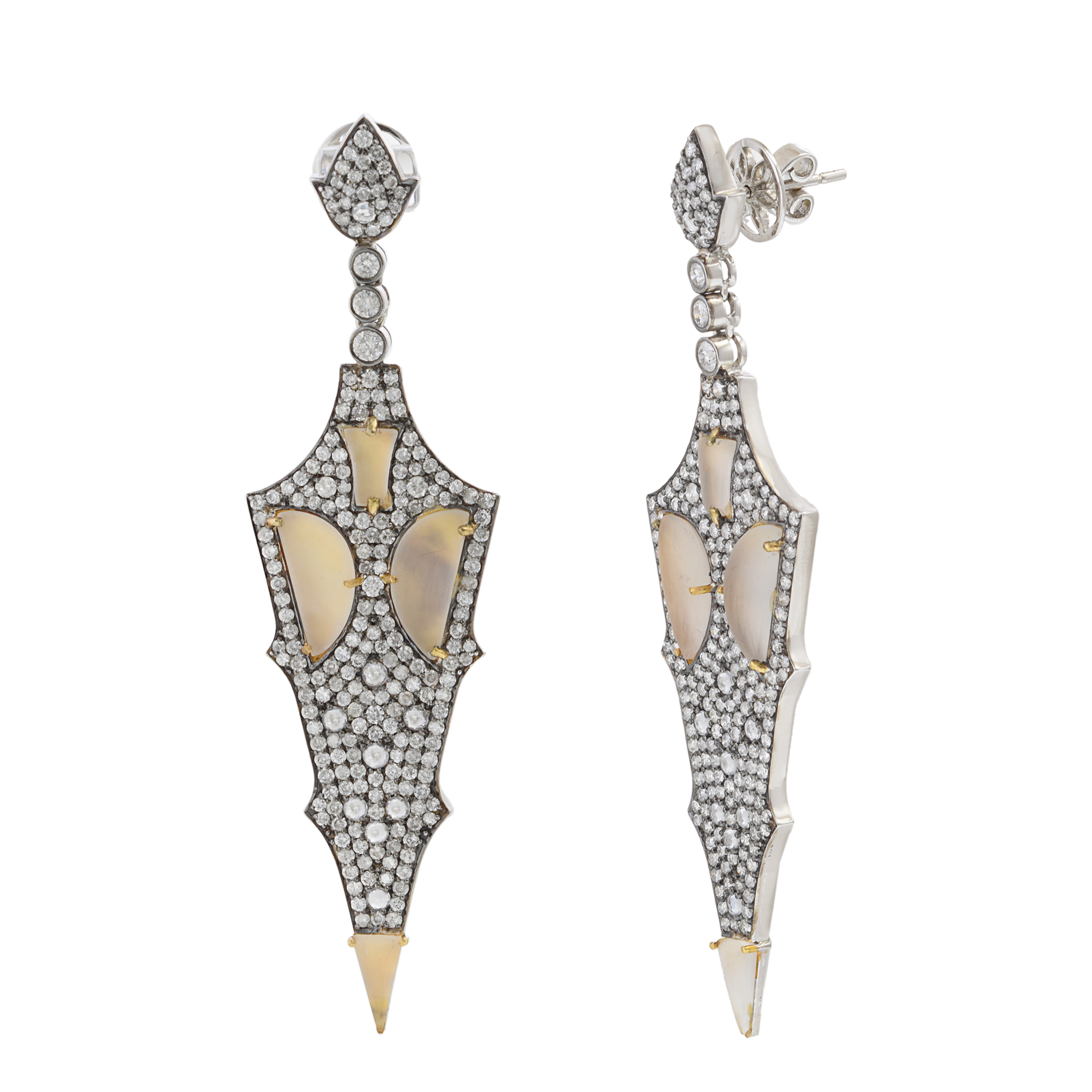 18KT White Gold Elongated Triangular Drop Earrings with Round Cut Diamonds