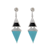 18KT White Gold Triangle Drop Earrings with Round Cut Diamonds, Turquoise, and Black Onyx