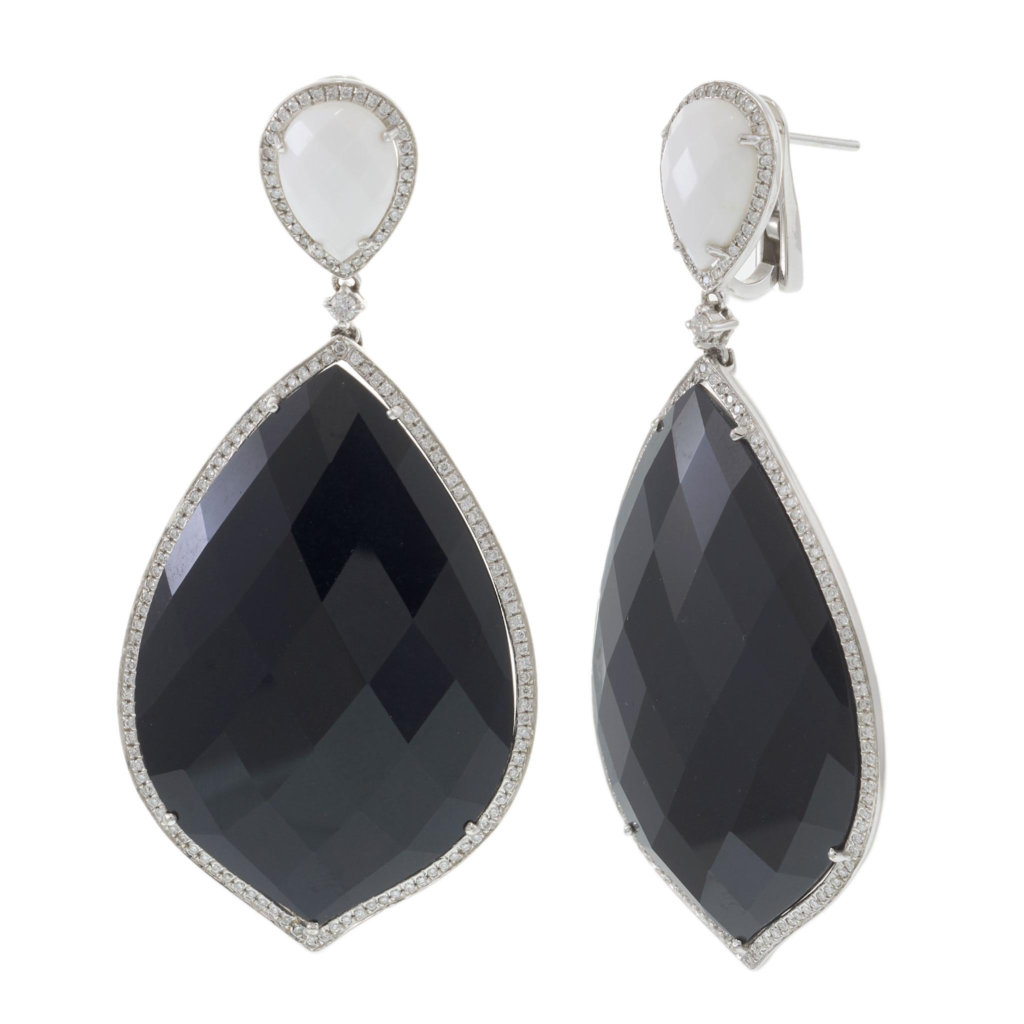 18KT White Gold Faceted Black Onyx and White Agate Diamond Drop Earrings