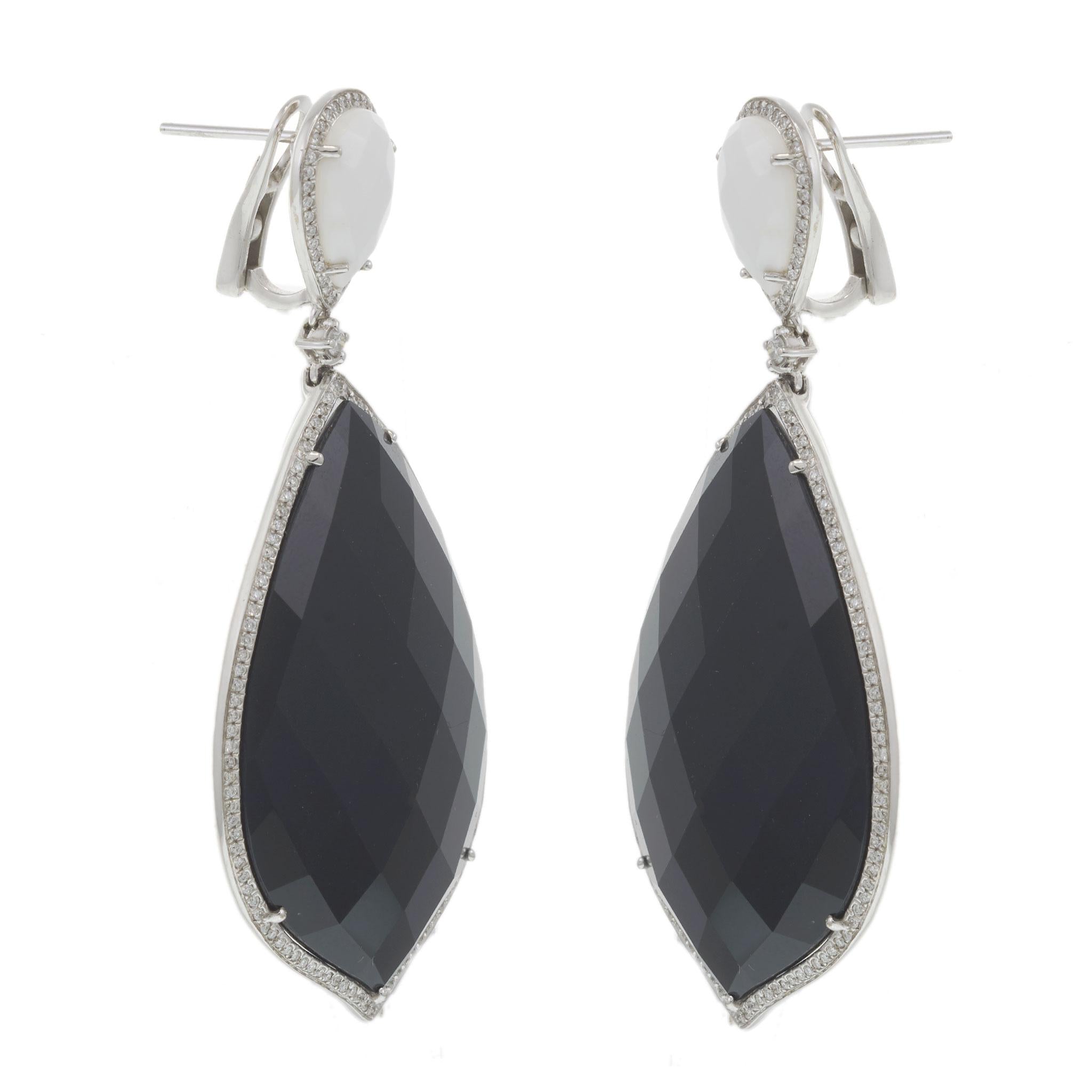 18KT White Gold Faceted Black Onyx and White Agate Diamond Drop Earrings