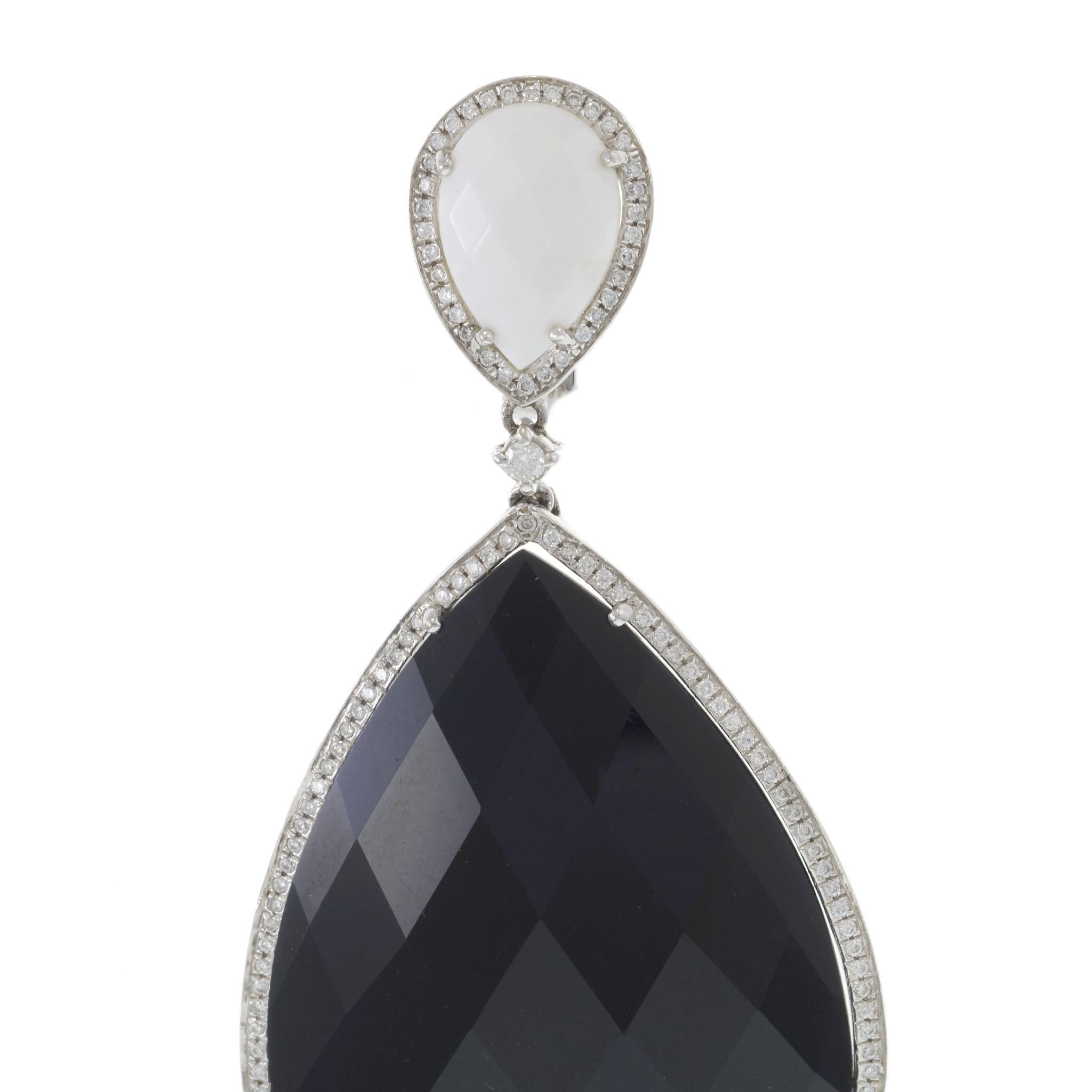 18KT White Gold Faceted Black Onyx and White Agate Diamond Drop Earrings