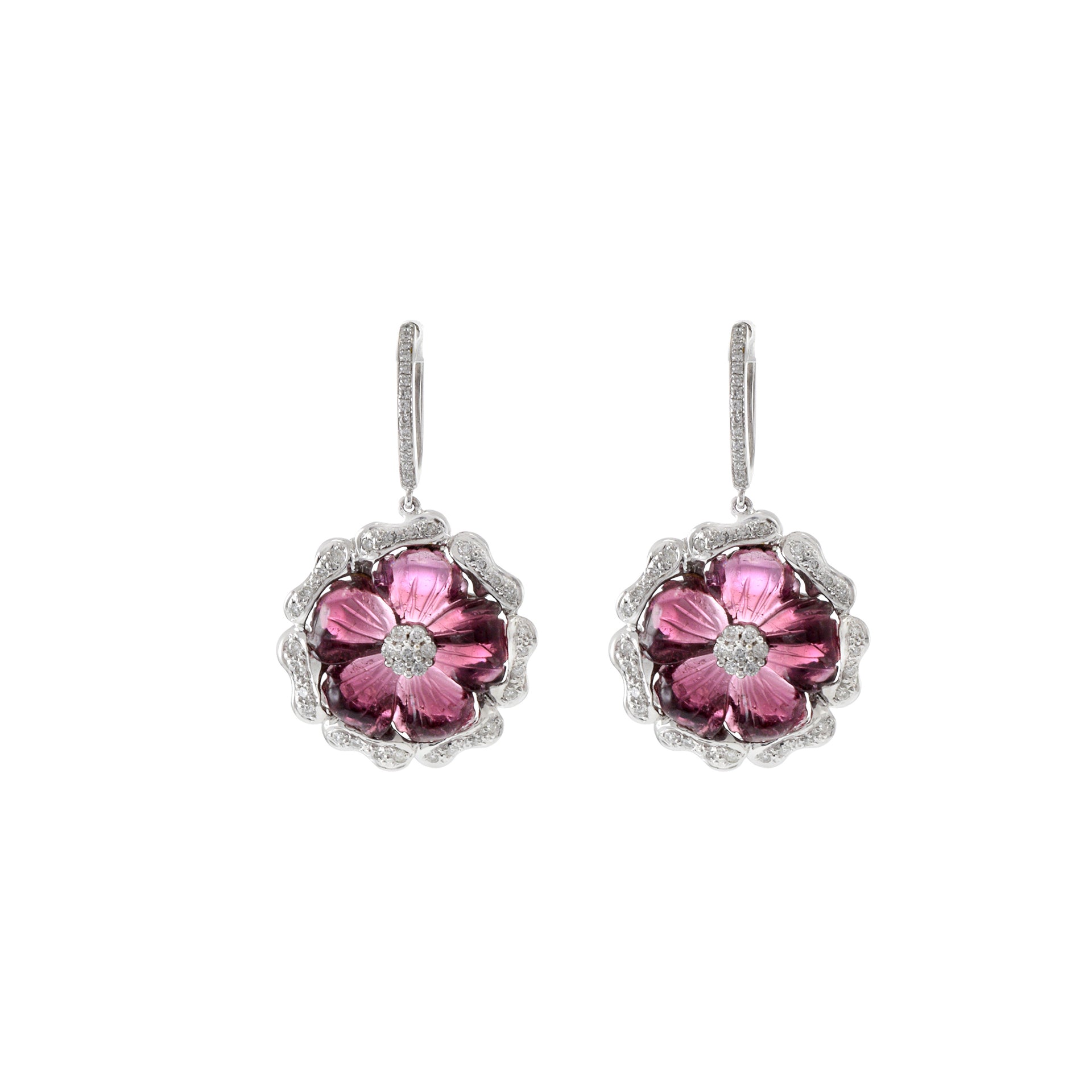 18KT White Gold Pink Tourmaline And Diamond Flower Drop Earrings