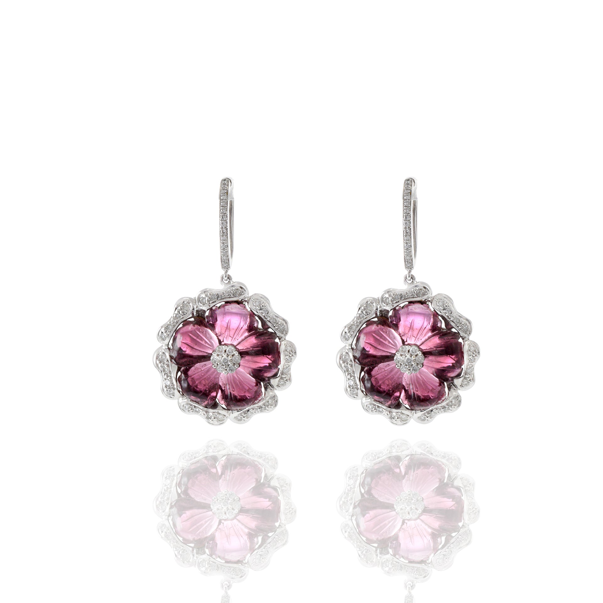 18KT White Gold Pink Tourmaline And Diamond Flower Drop Earrings