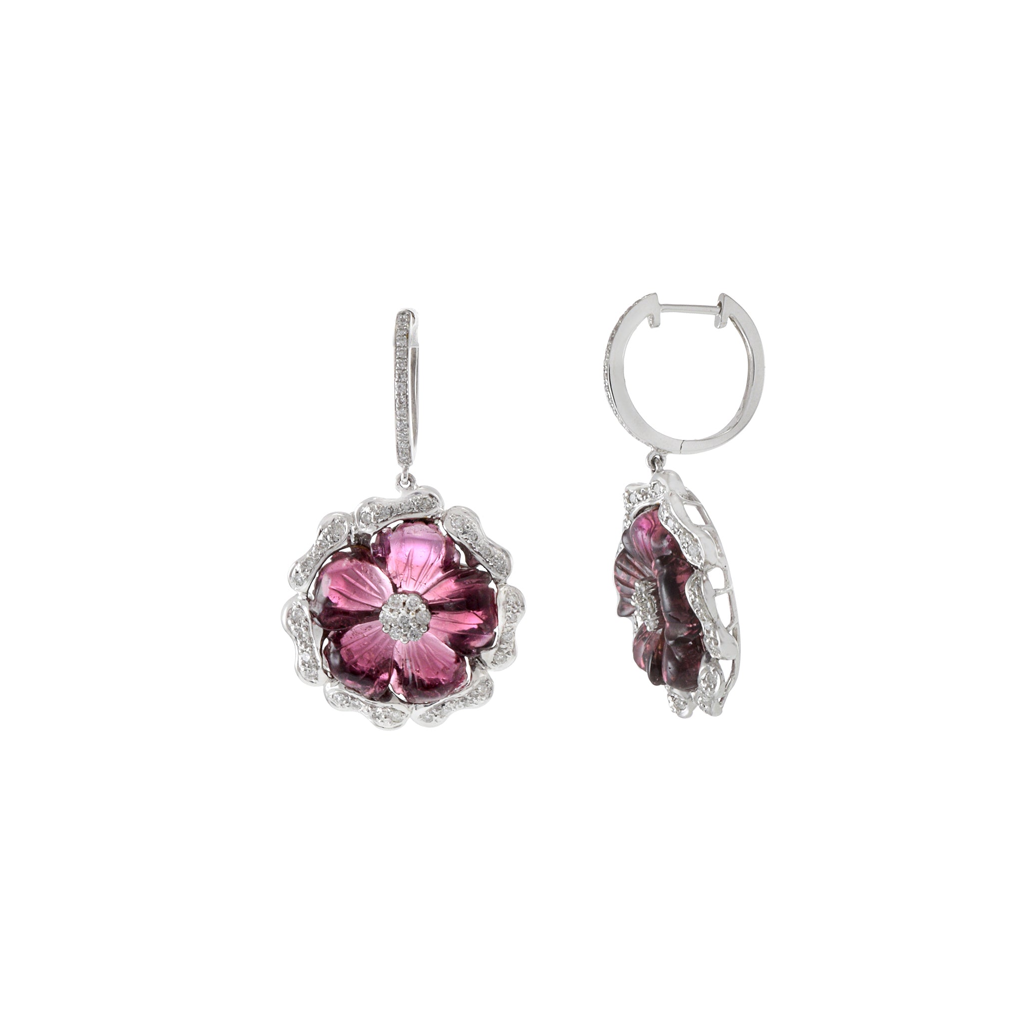 18KT White Gold Pink Tourmaline And Diamond Flower Drop Earrings