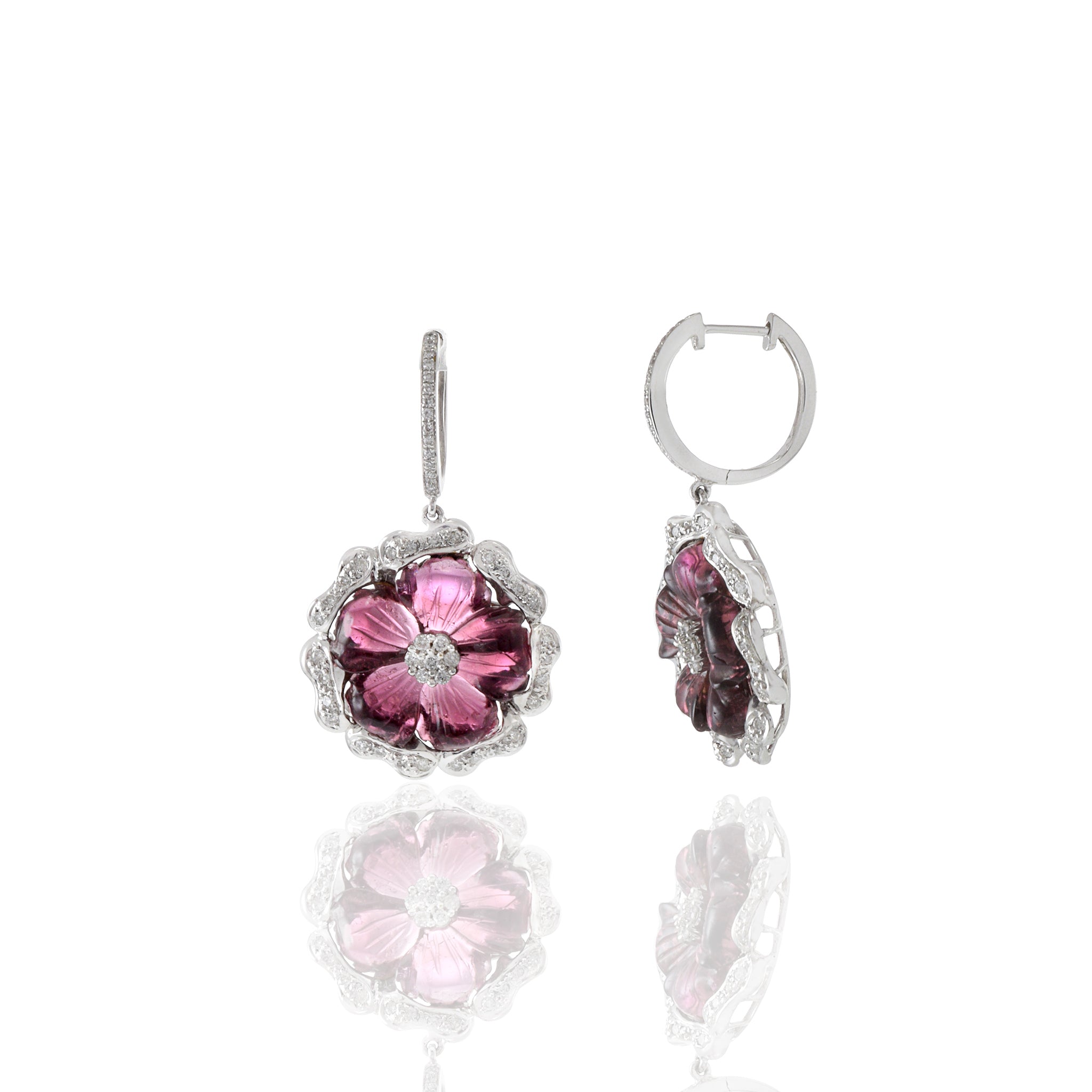 18KT White Gold Pink Tourmaline And Diamond Flower Drop Earrings