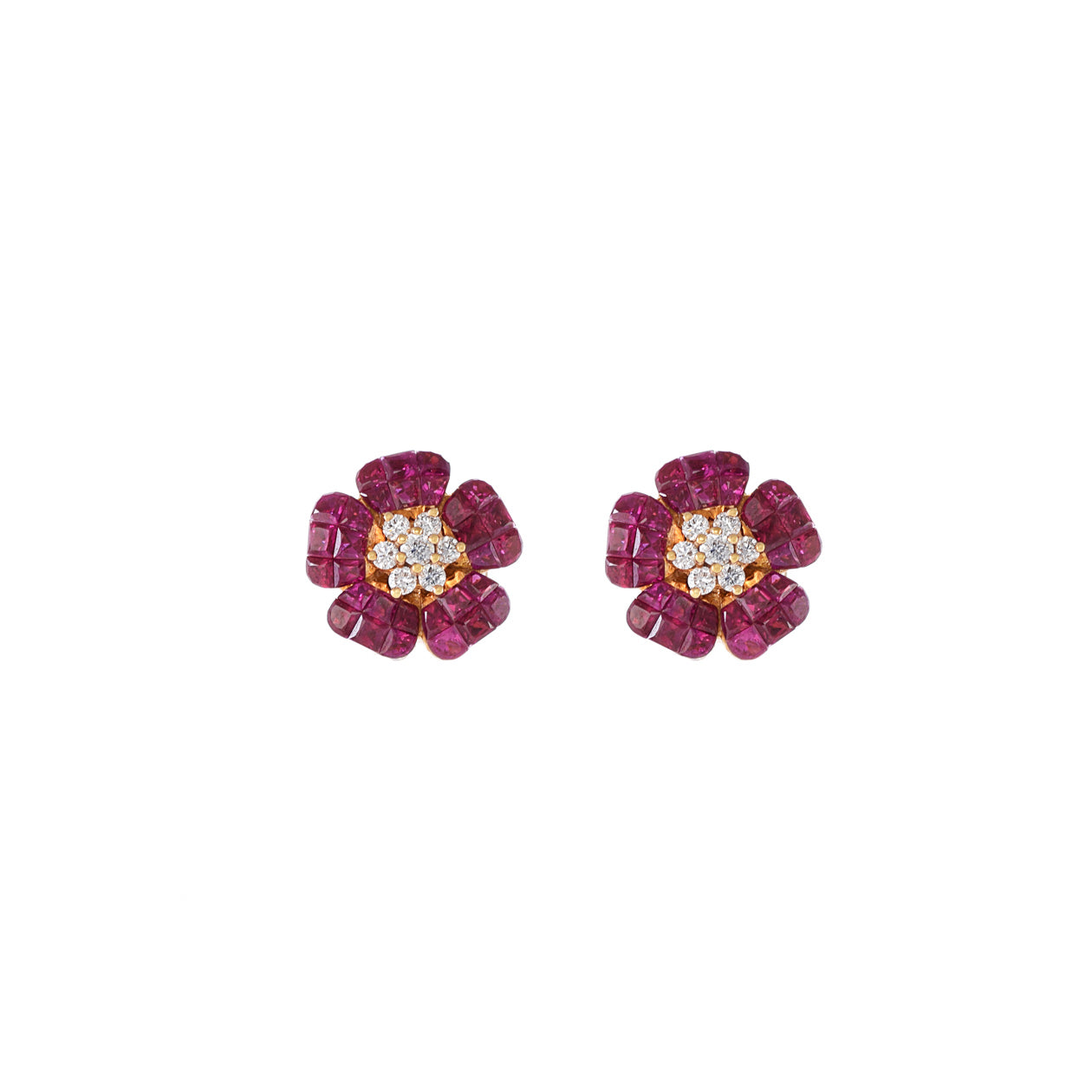 18KT Rose Gold Ruby And Diamond Flower Earrings