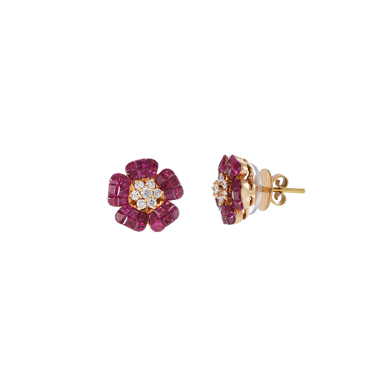 18KT Rose Gold Ruby And Diamond Flower Earrings