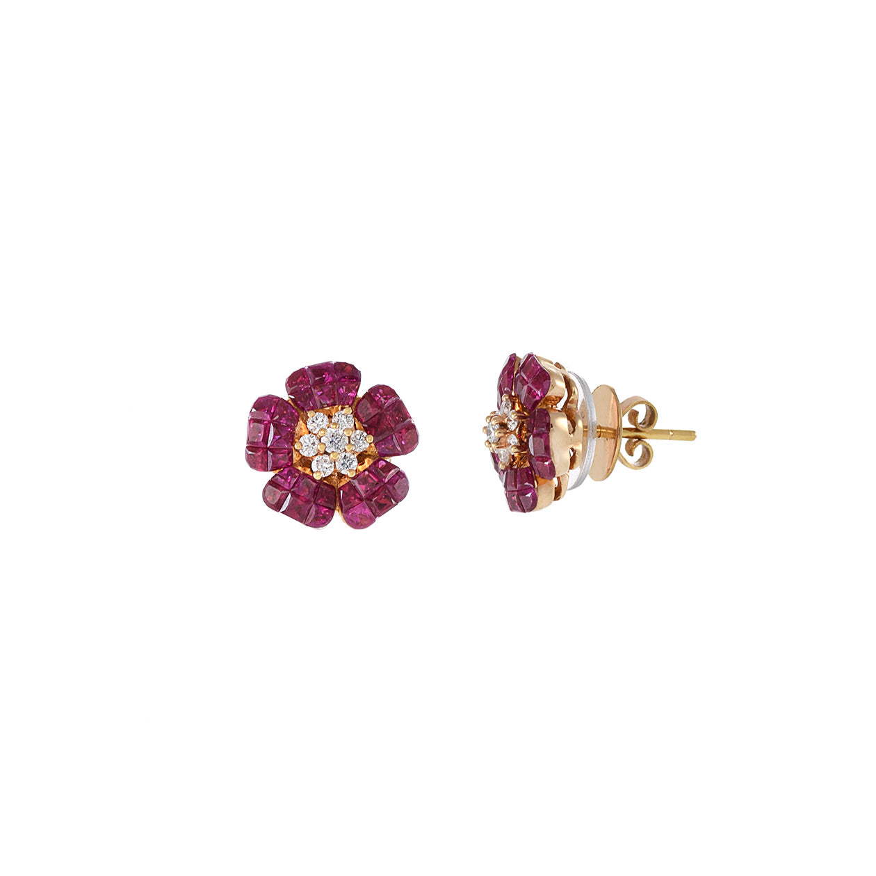 18KT Rose Gold Ruby and Diamond Flower Earrings