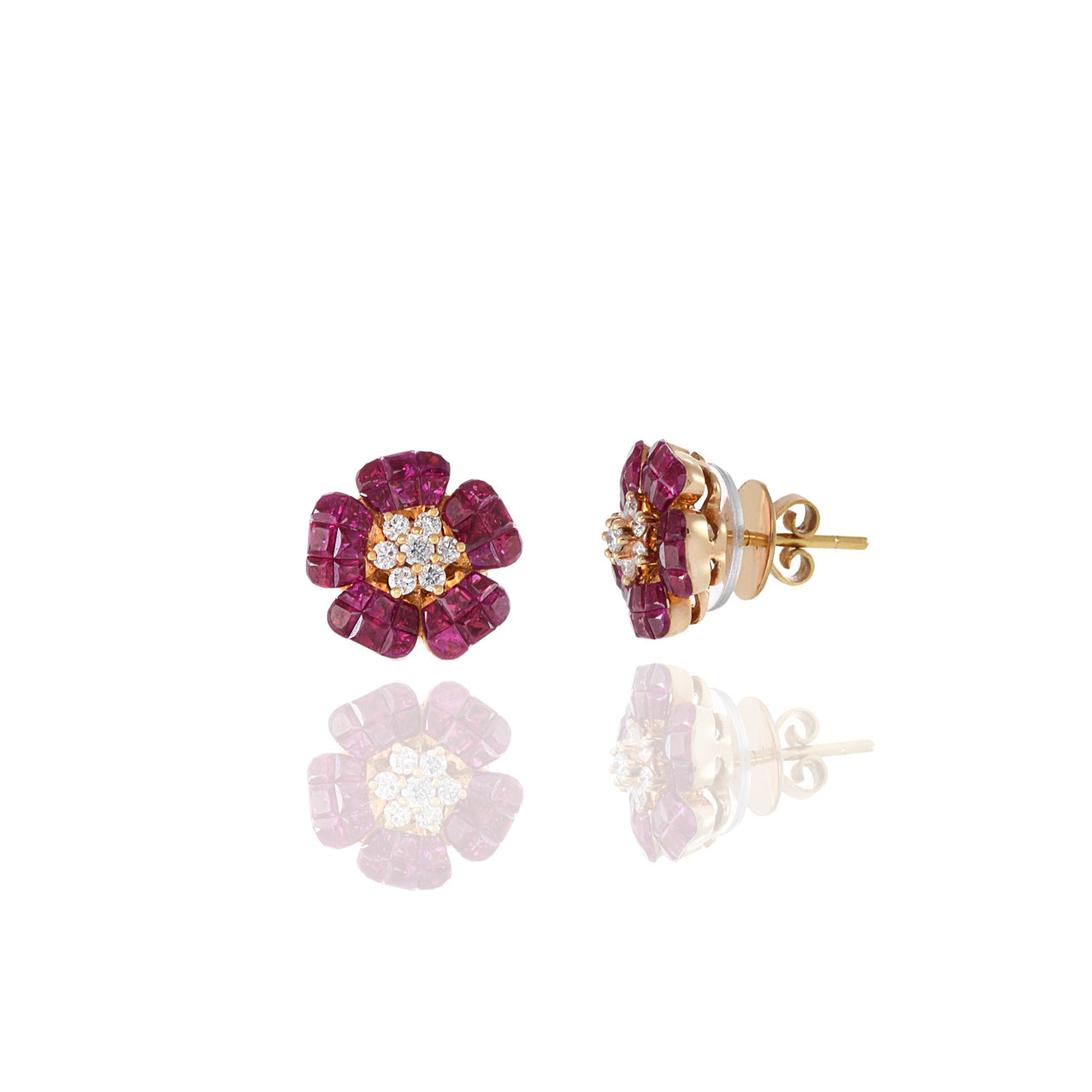 18KT Rose Gold Ruby and Diamond Flower Earrings